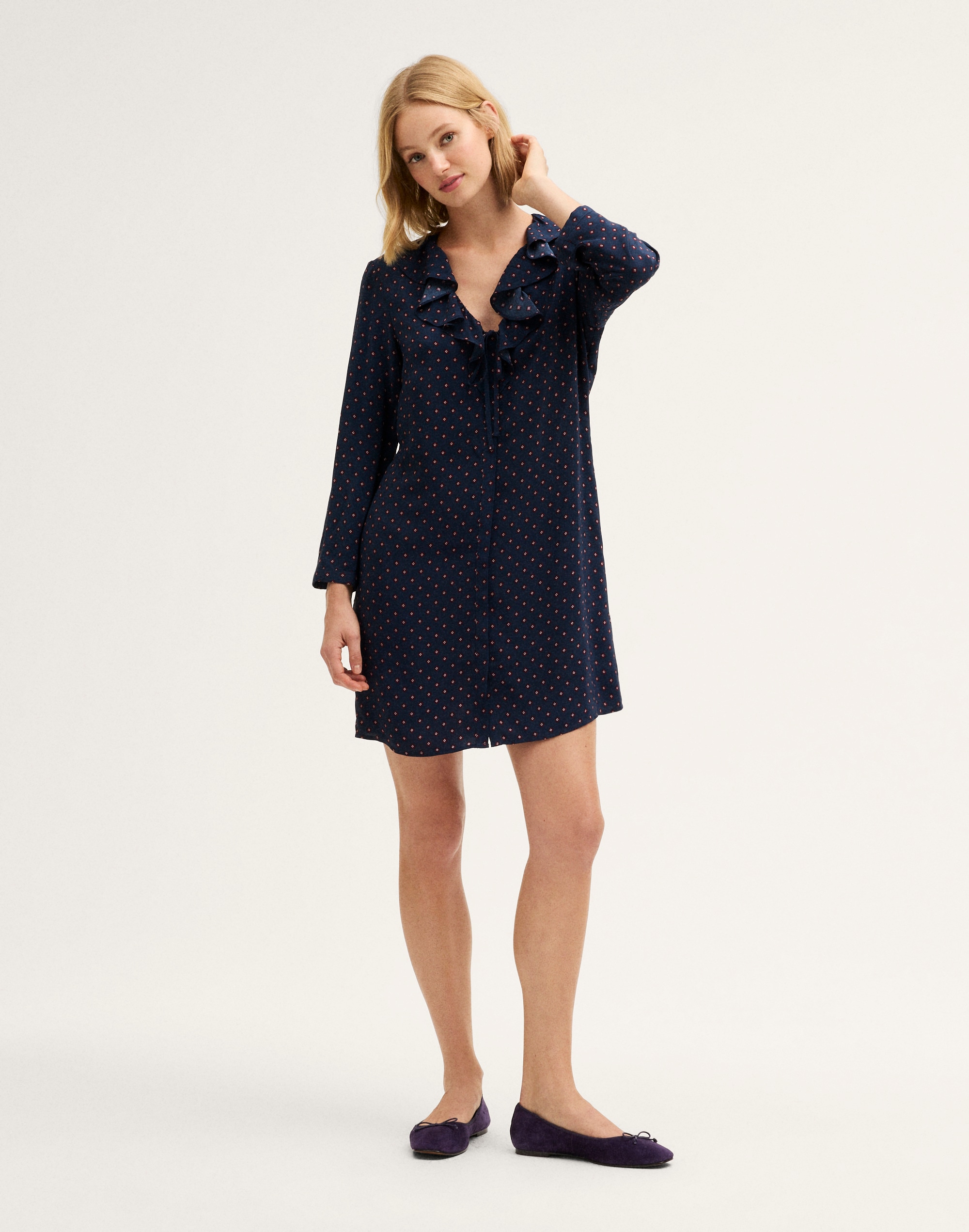 Ruffled V-Neck Long-Sleeve Mini Dress