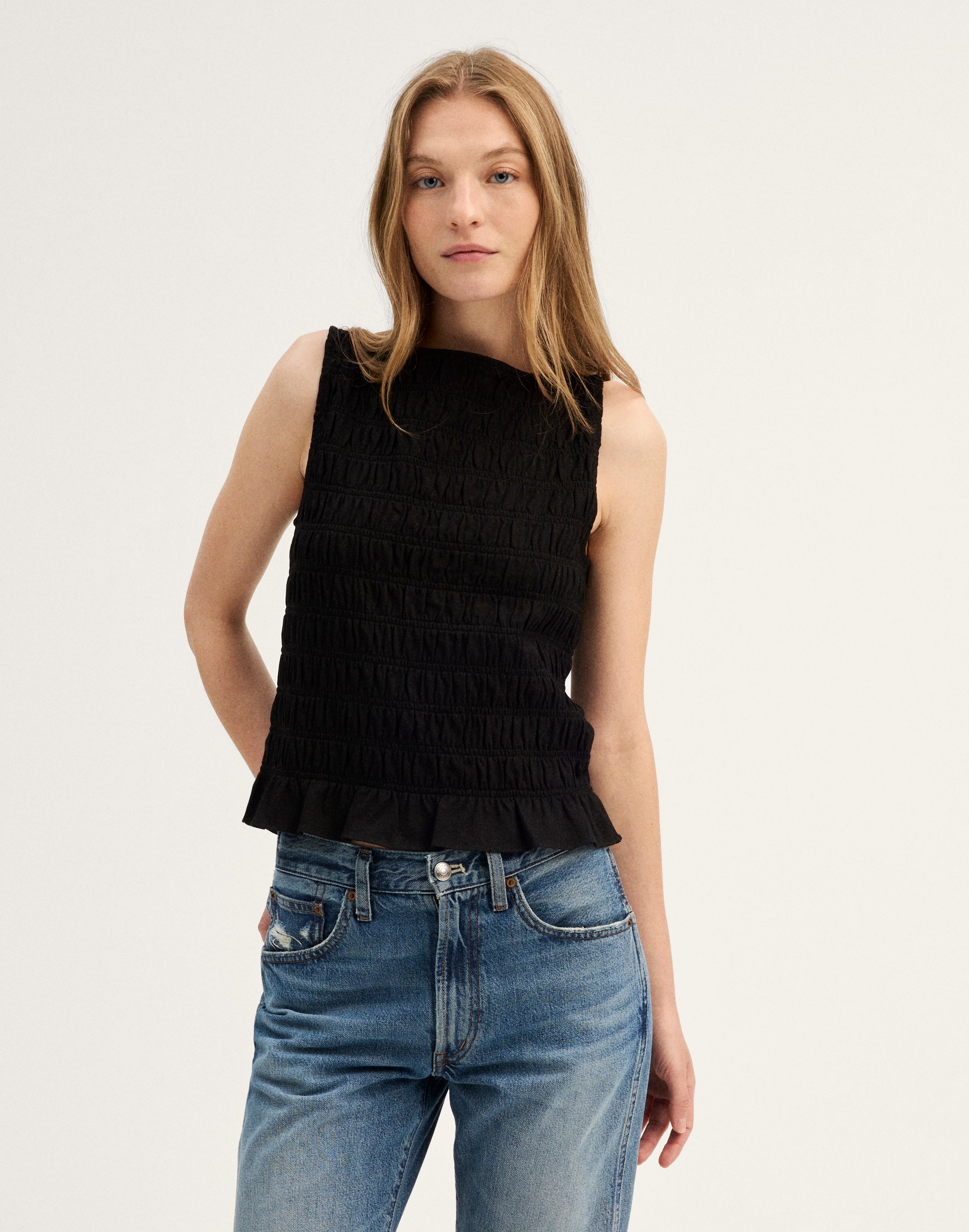 smocked boatneck sleeveless top
