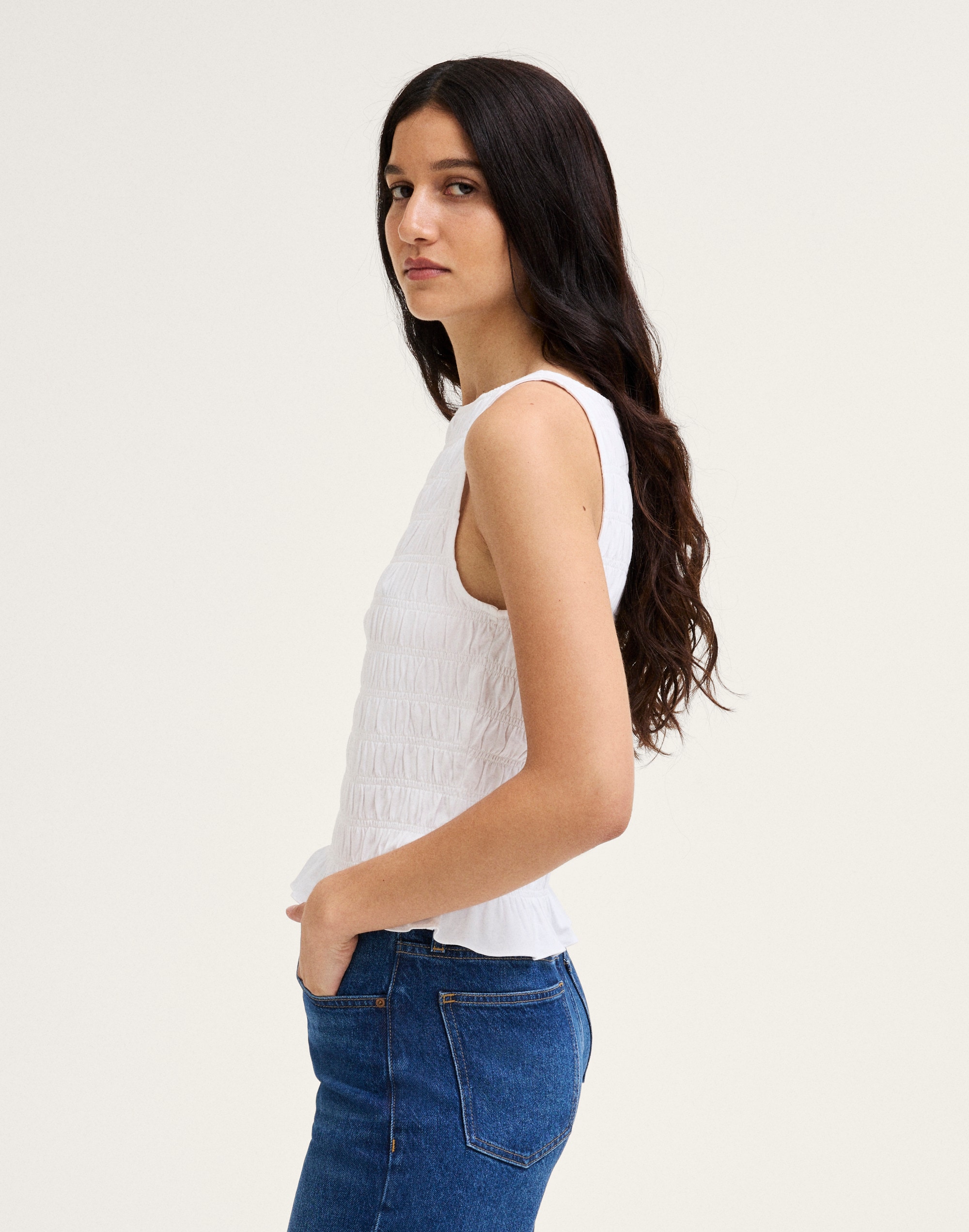 Smocked Boatneck Sleeveless Top