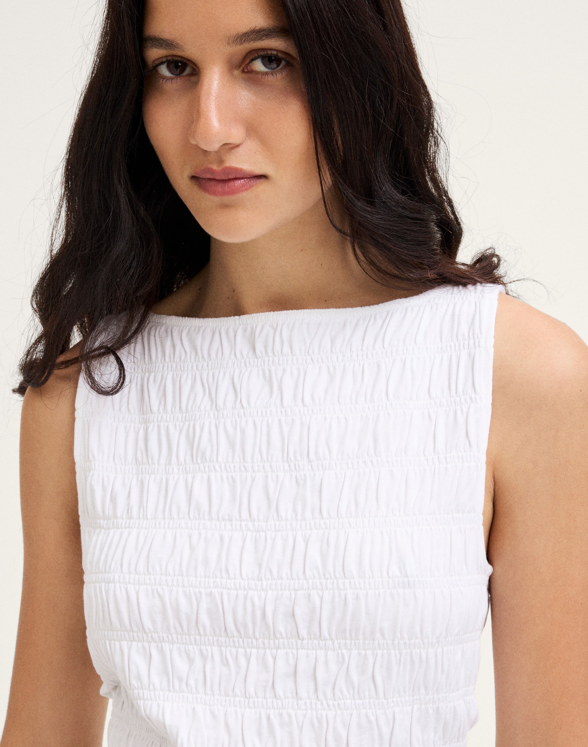 Smocked Boatneck Sleeveless Top