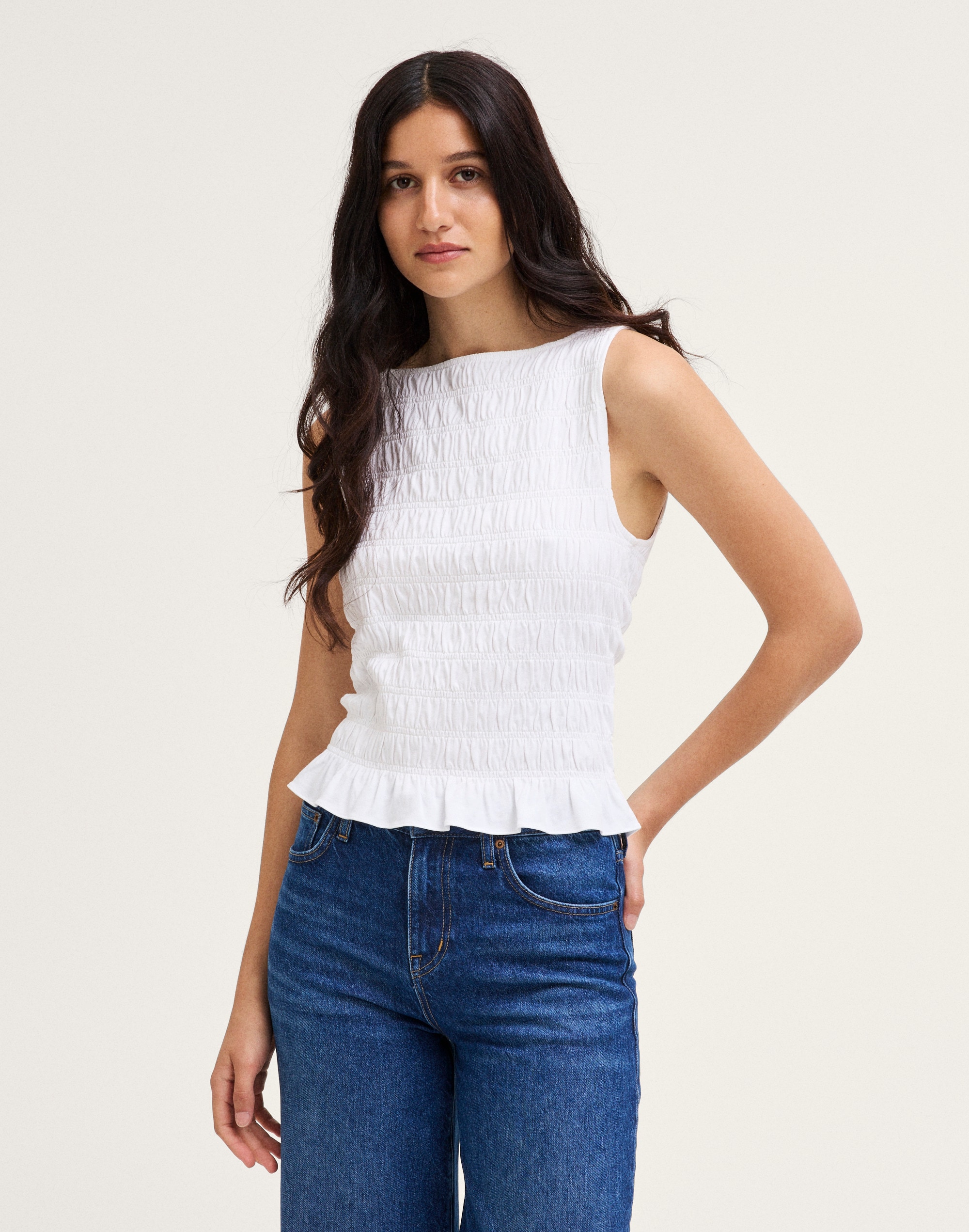 smocked boatneck sleeveless top