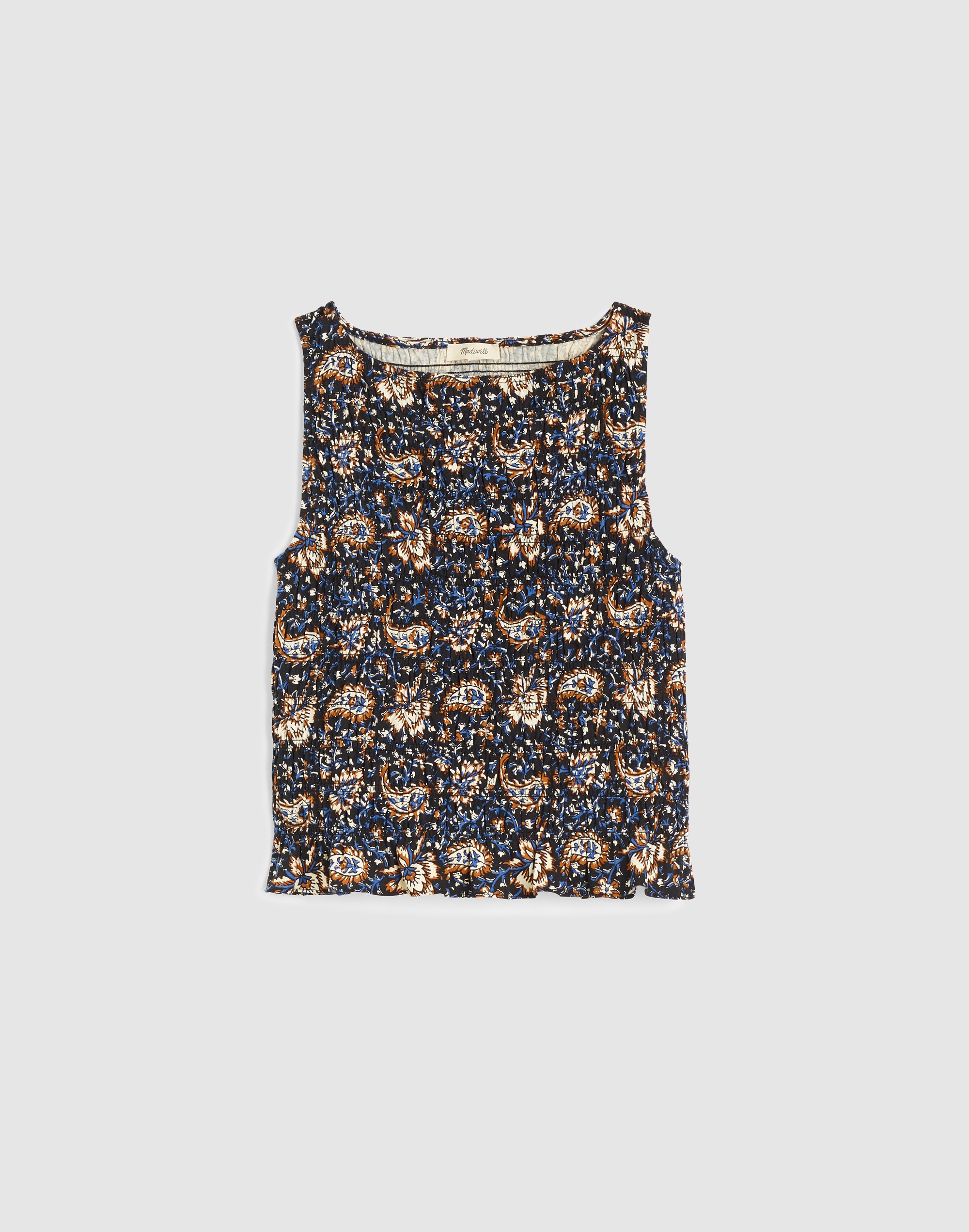 Madewell Smocked Boatneck Sleeveless Top In Black