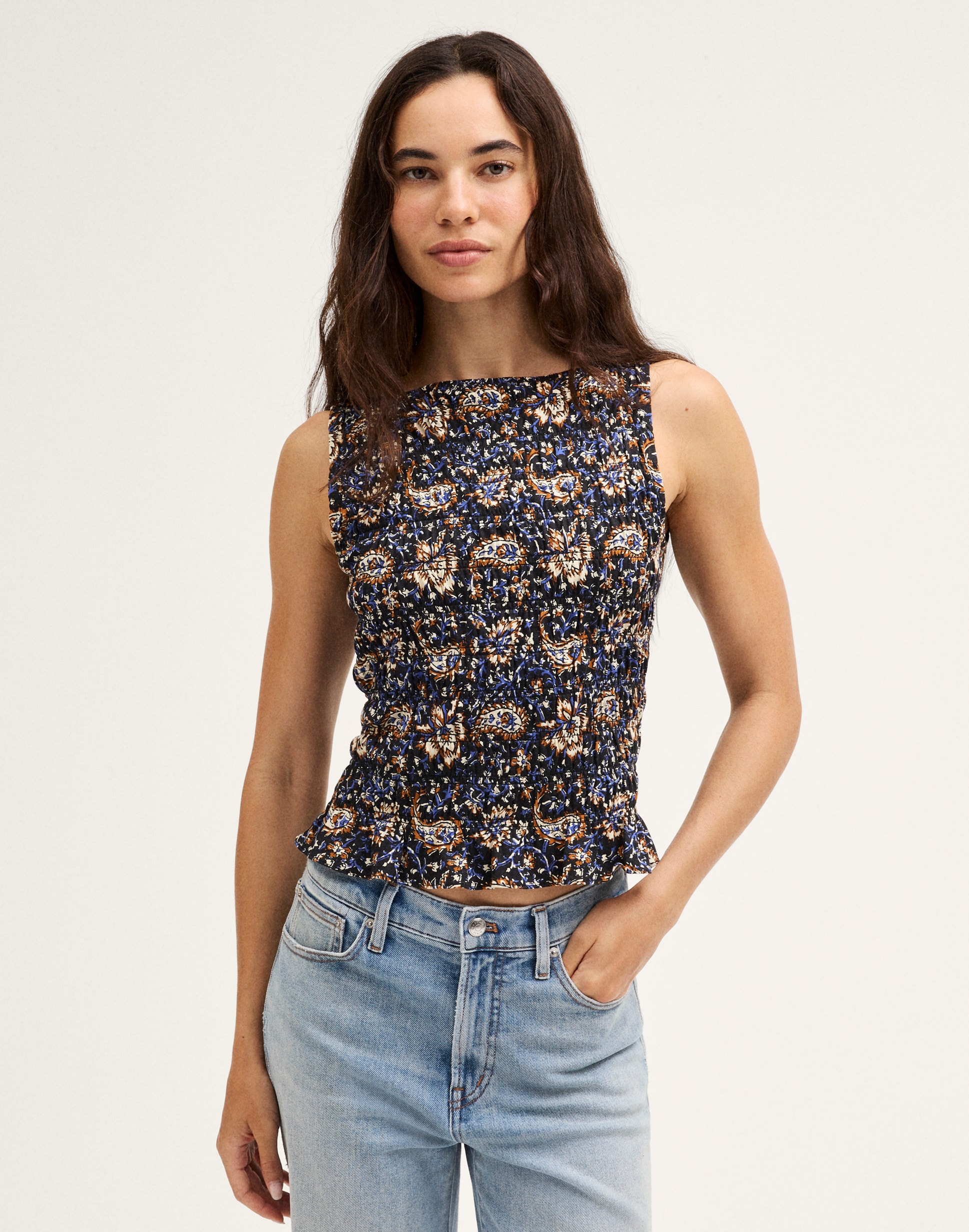smocked boatneck sleeveless top