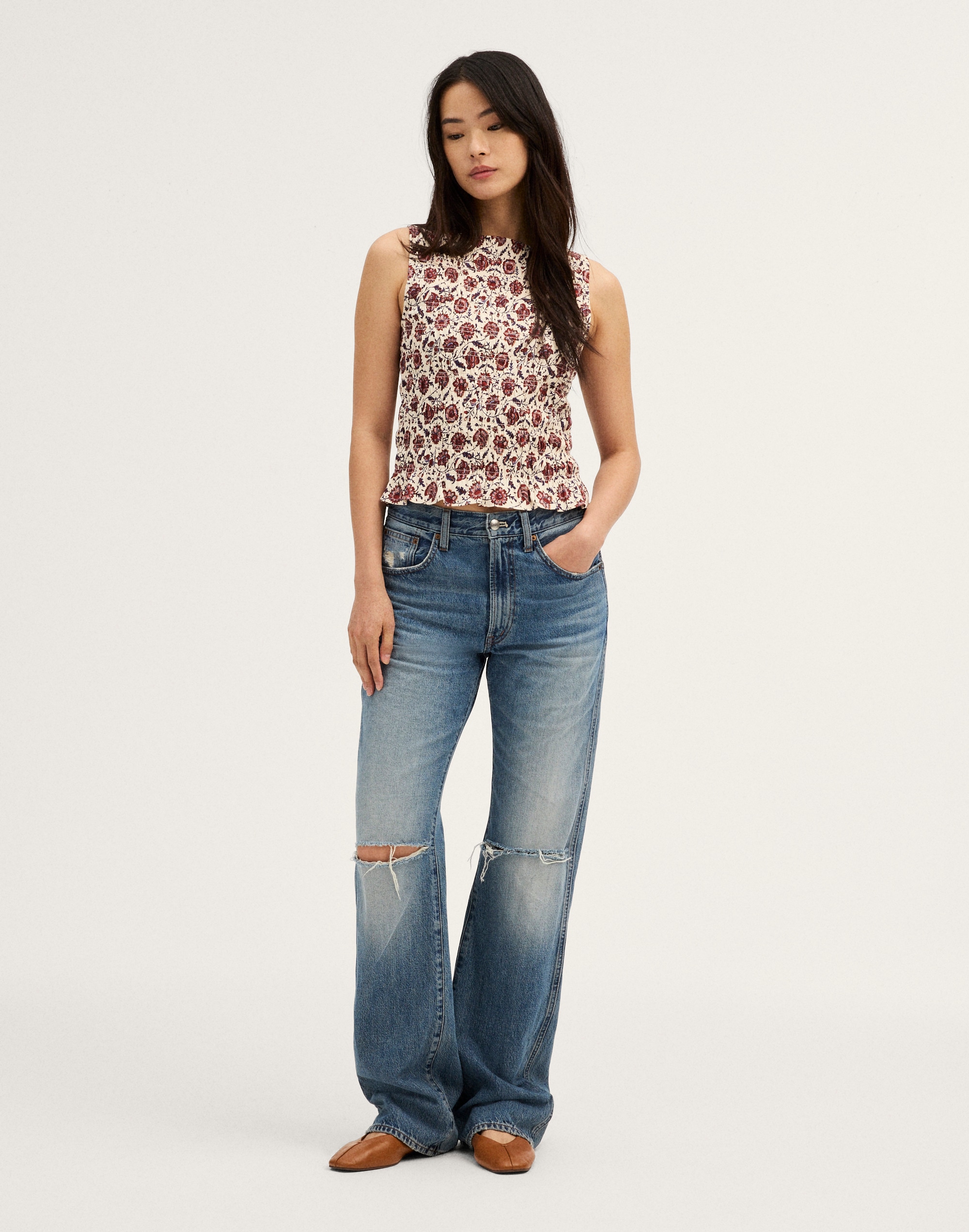 Smocked Boatneck Sleeveless Top
