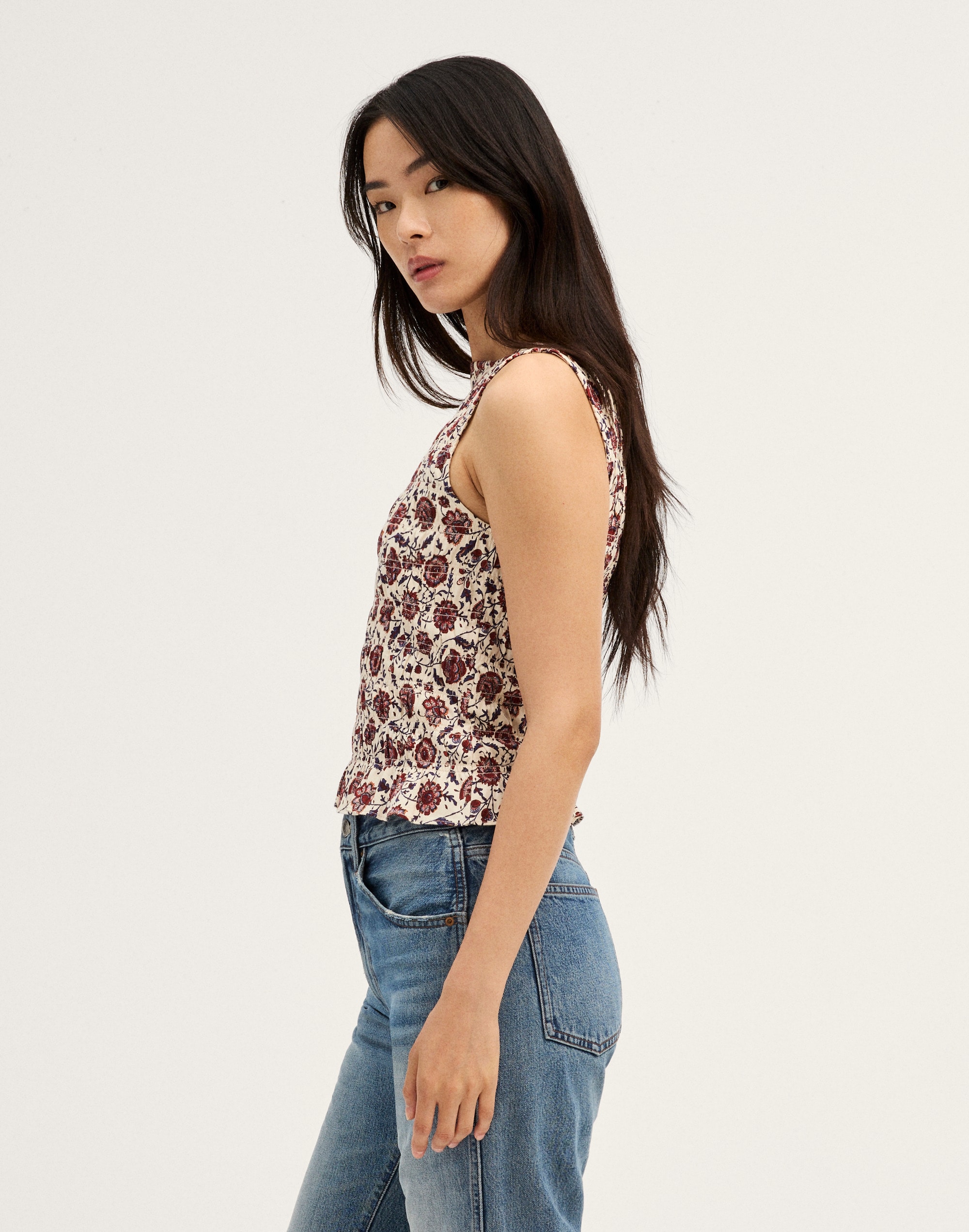 Smocked Boatneck Sleeveless Top