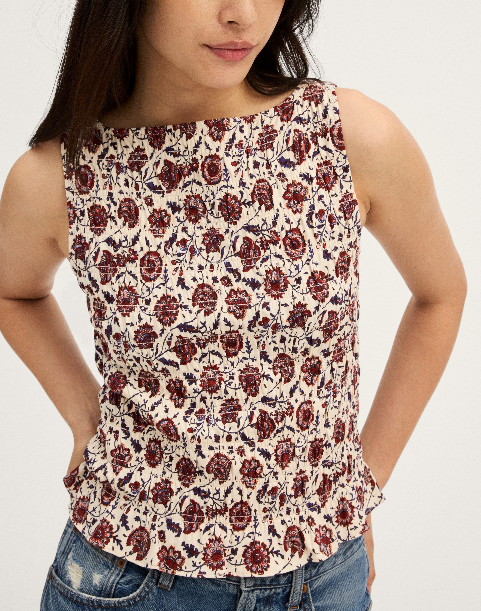 Smocked Boatneck Sleeveless Top