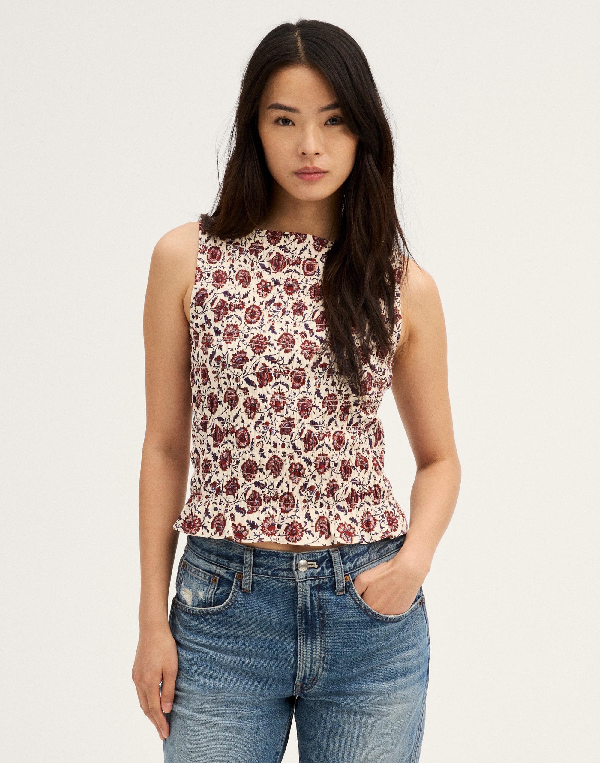 smocked boatneck sleeveless top