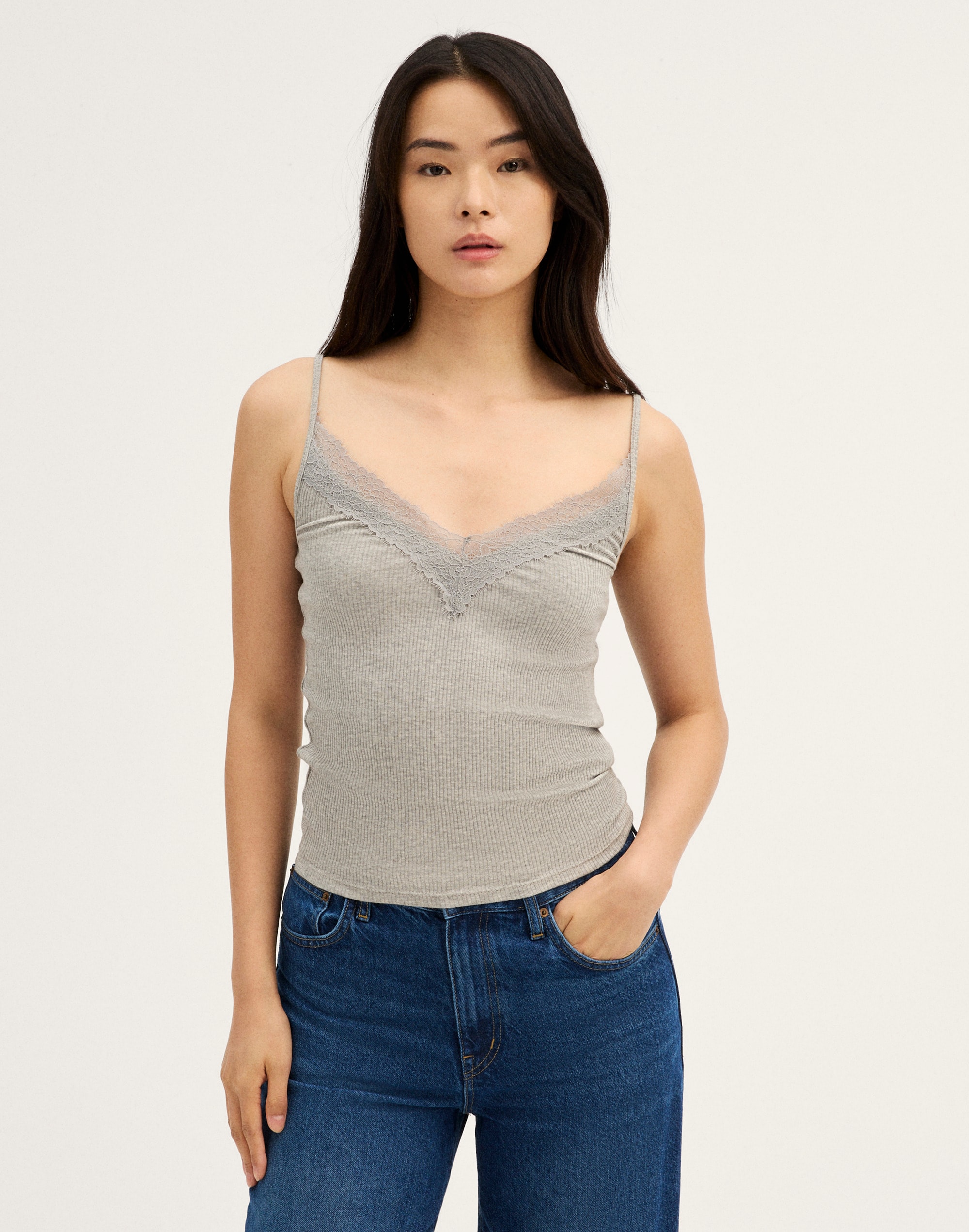Madewell Lace-trim V-neck Tank In Hthr Grey