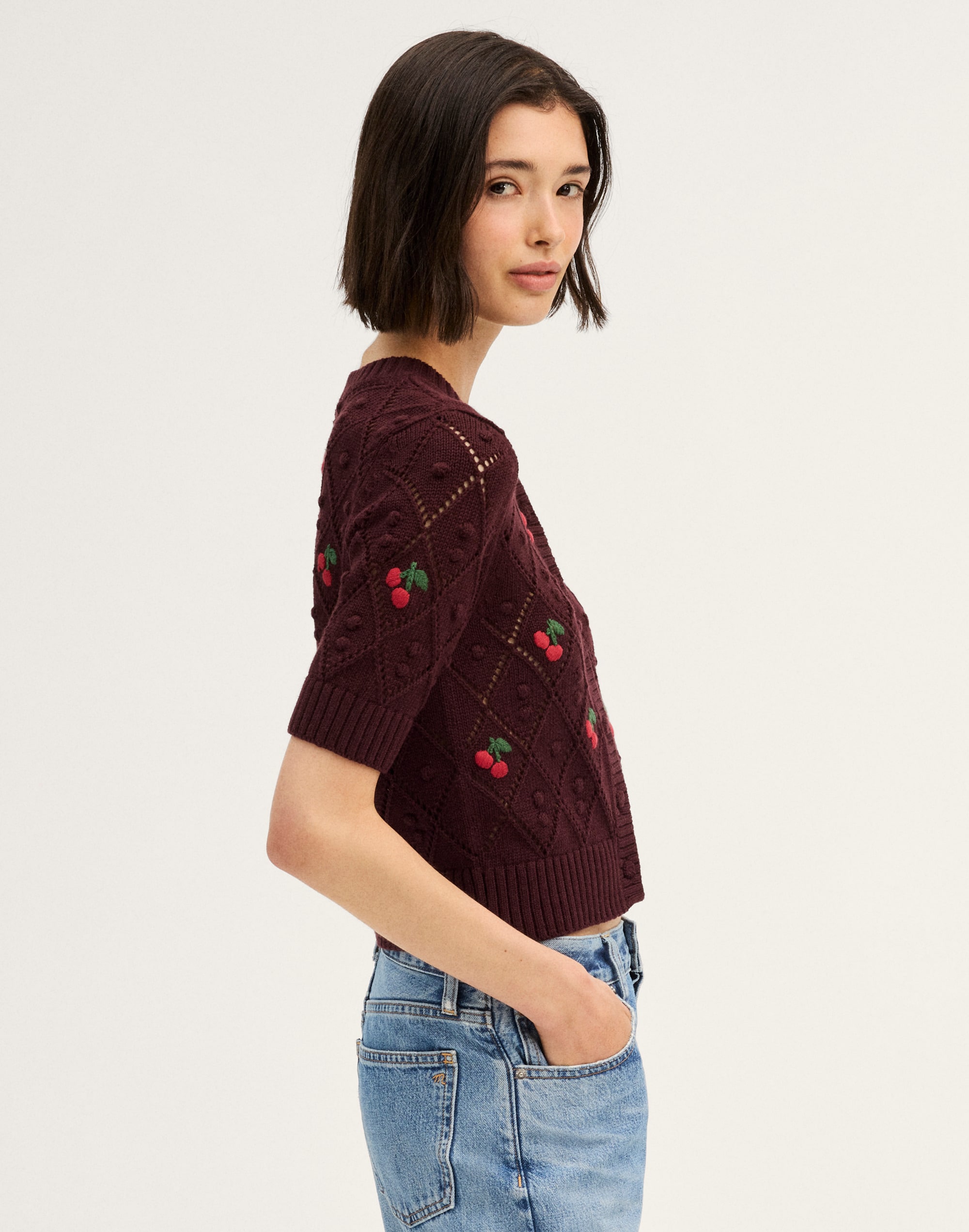 Embroidered Bauble Pointelle-Stitch  Cardigan