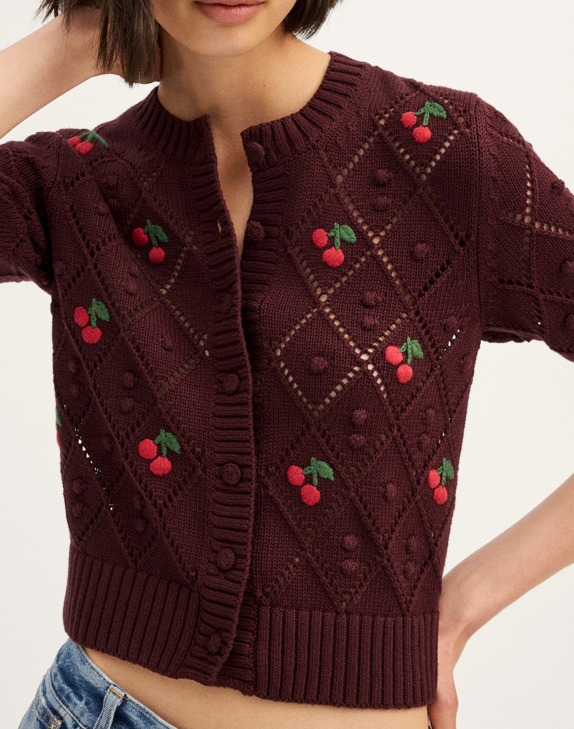 Embroidered Bauble Pointelle-Stitch  Cardigan