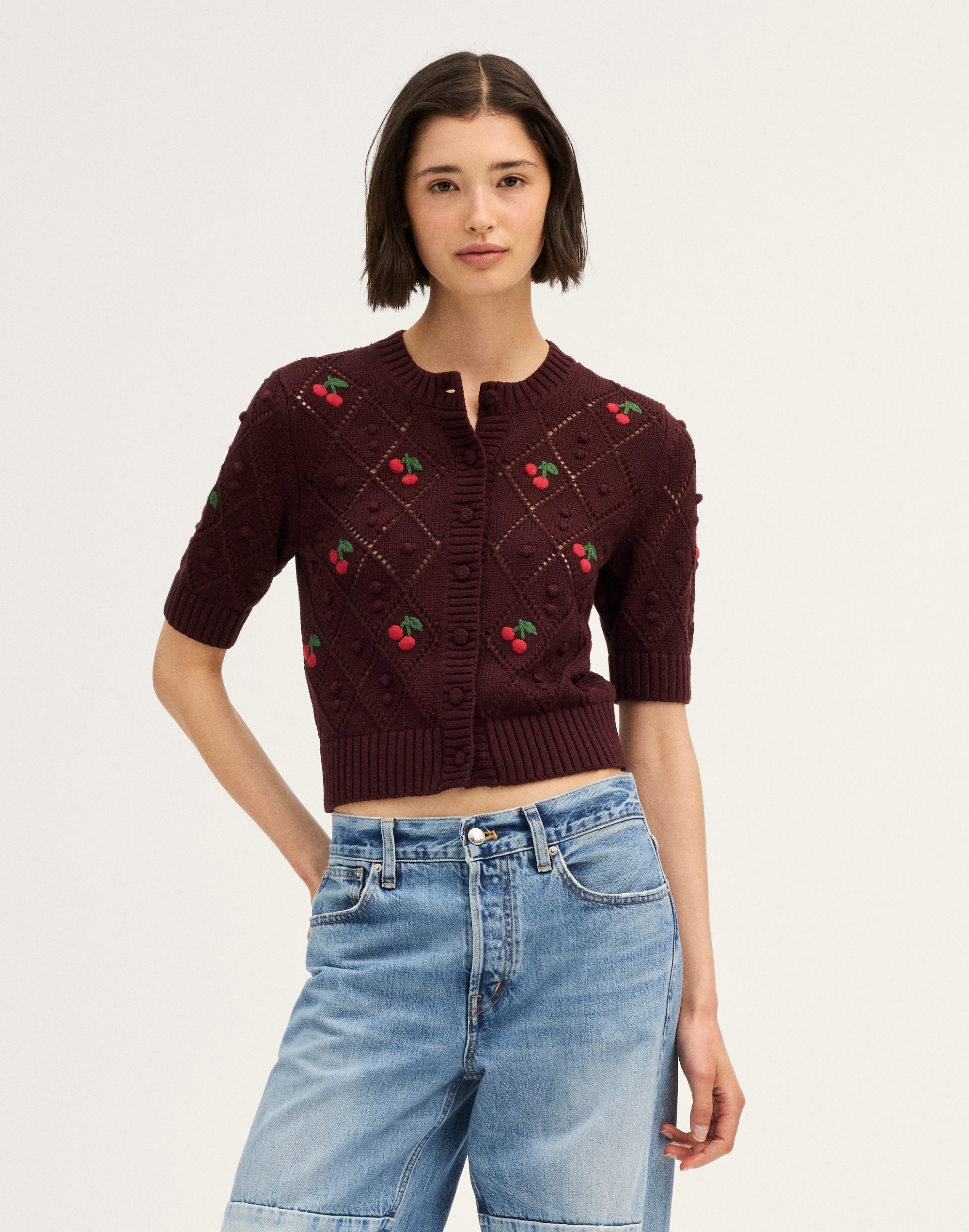 Embroidered Bauble Pointelle-Stitch  Cardigan