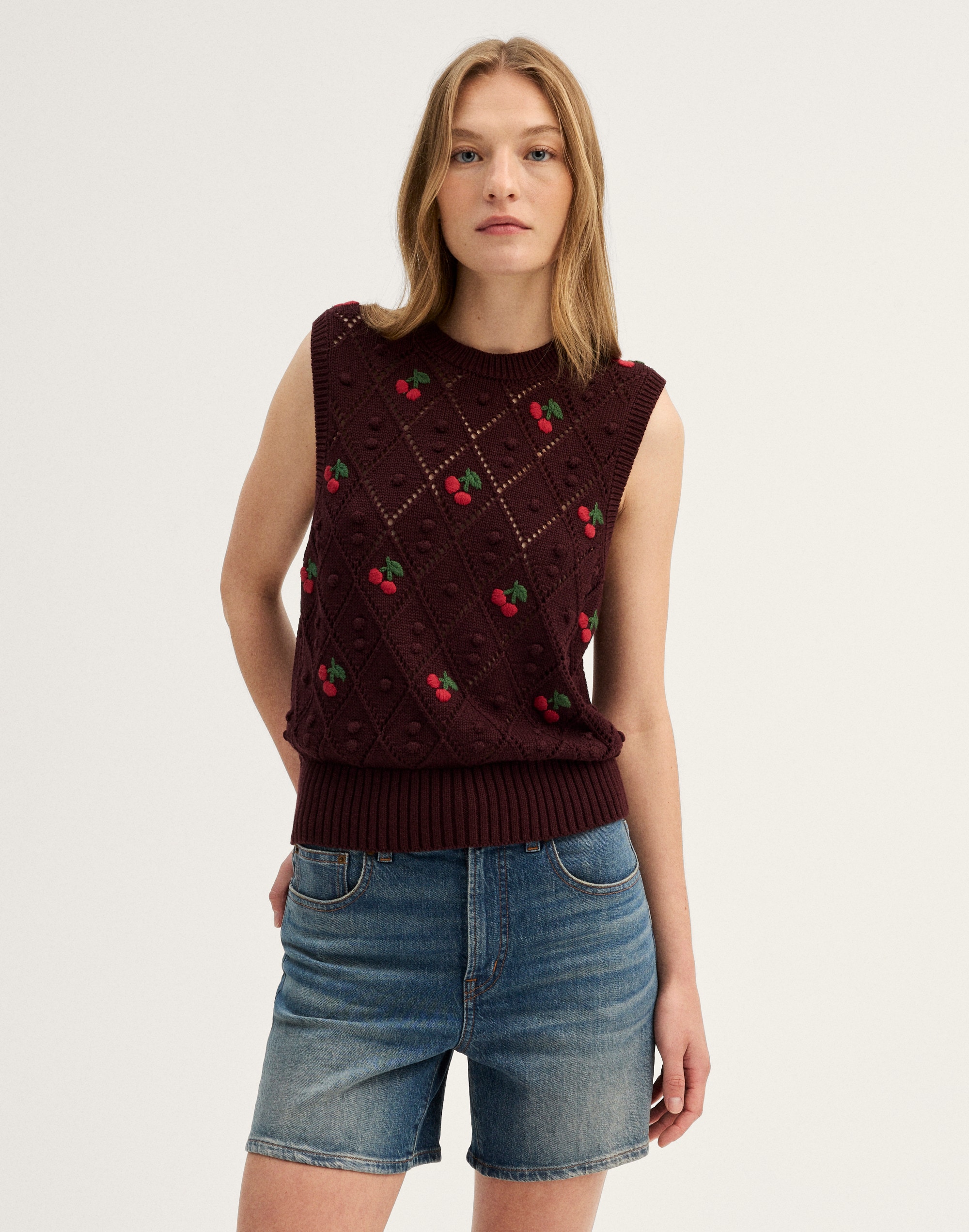 Embroidered Bauble Pointelle-Stitch Sweater Vest