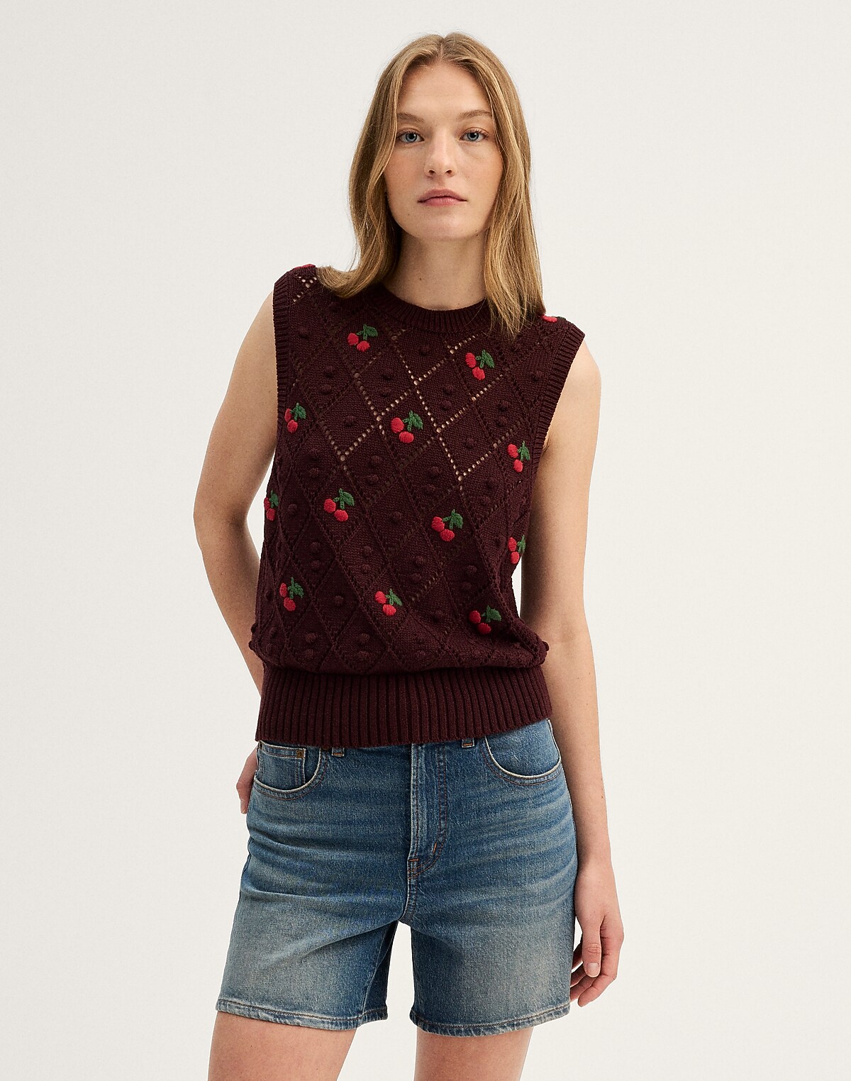 Bauble Pointelle-Stitch Sweater Vest in 100% Cotton