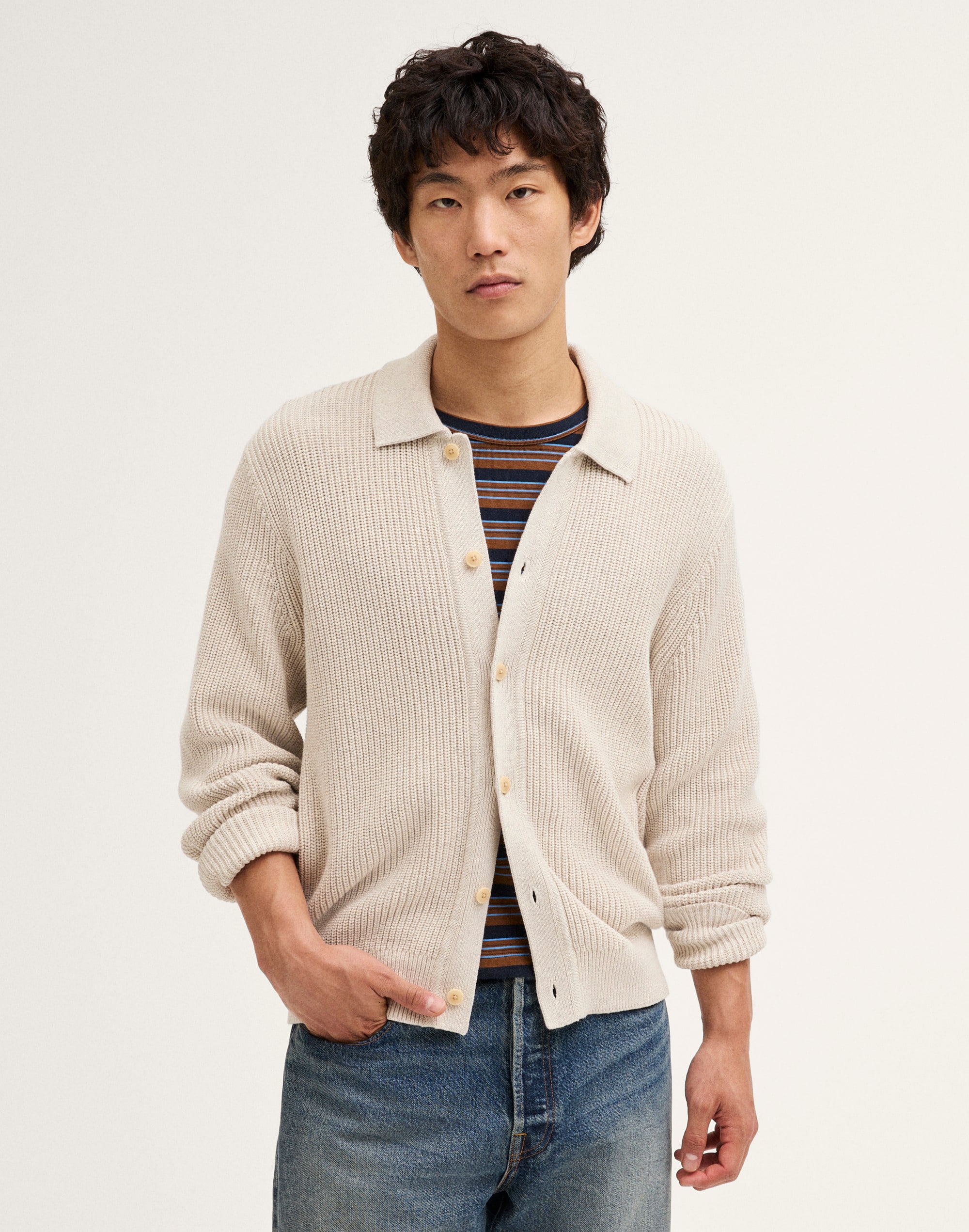 Textured-Stitch Collared Cardigan