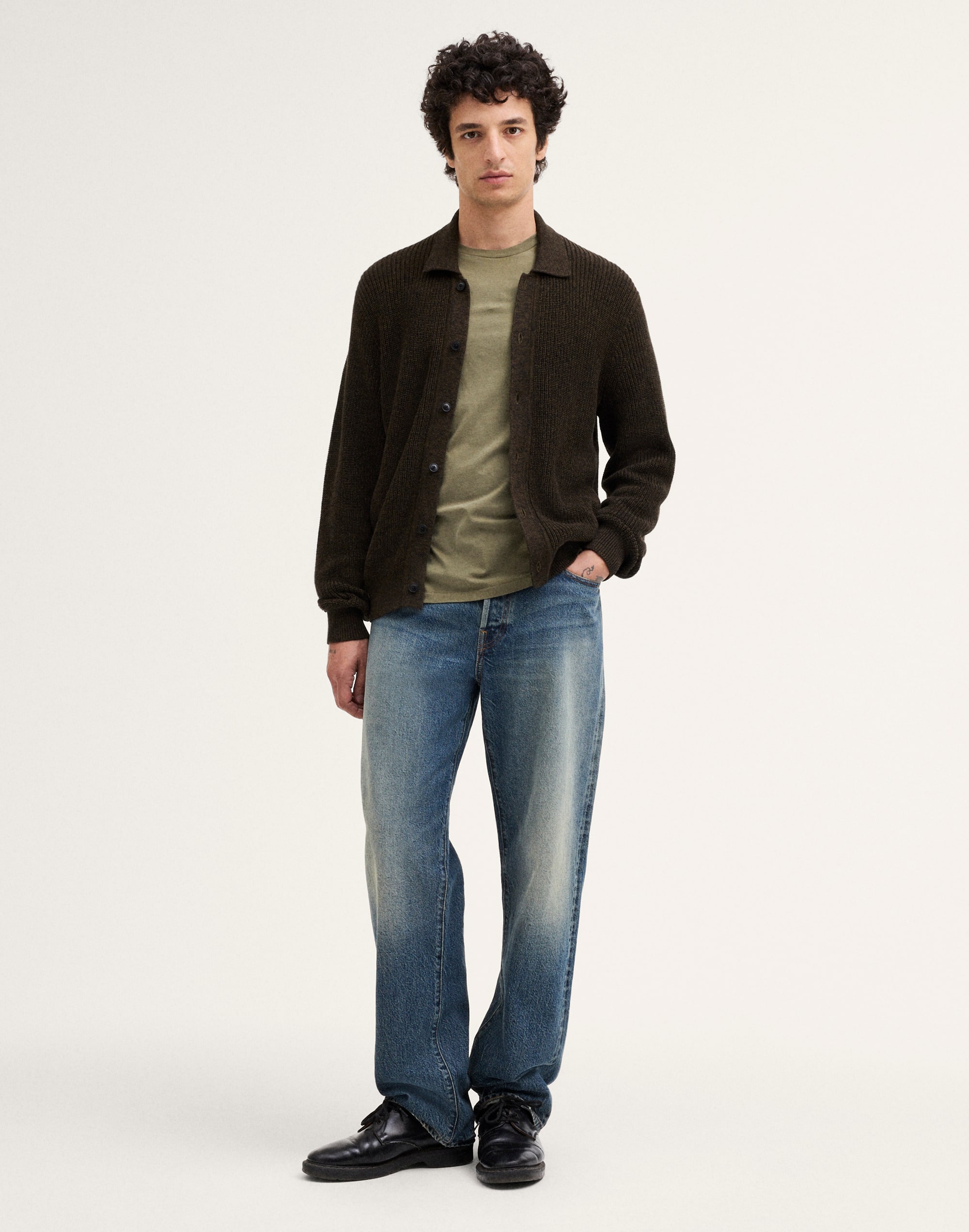 Textured-Stitch Collared Cardigan in 100% Cotton