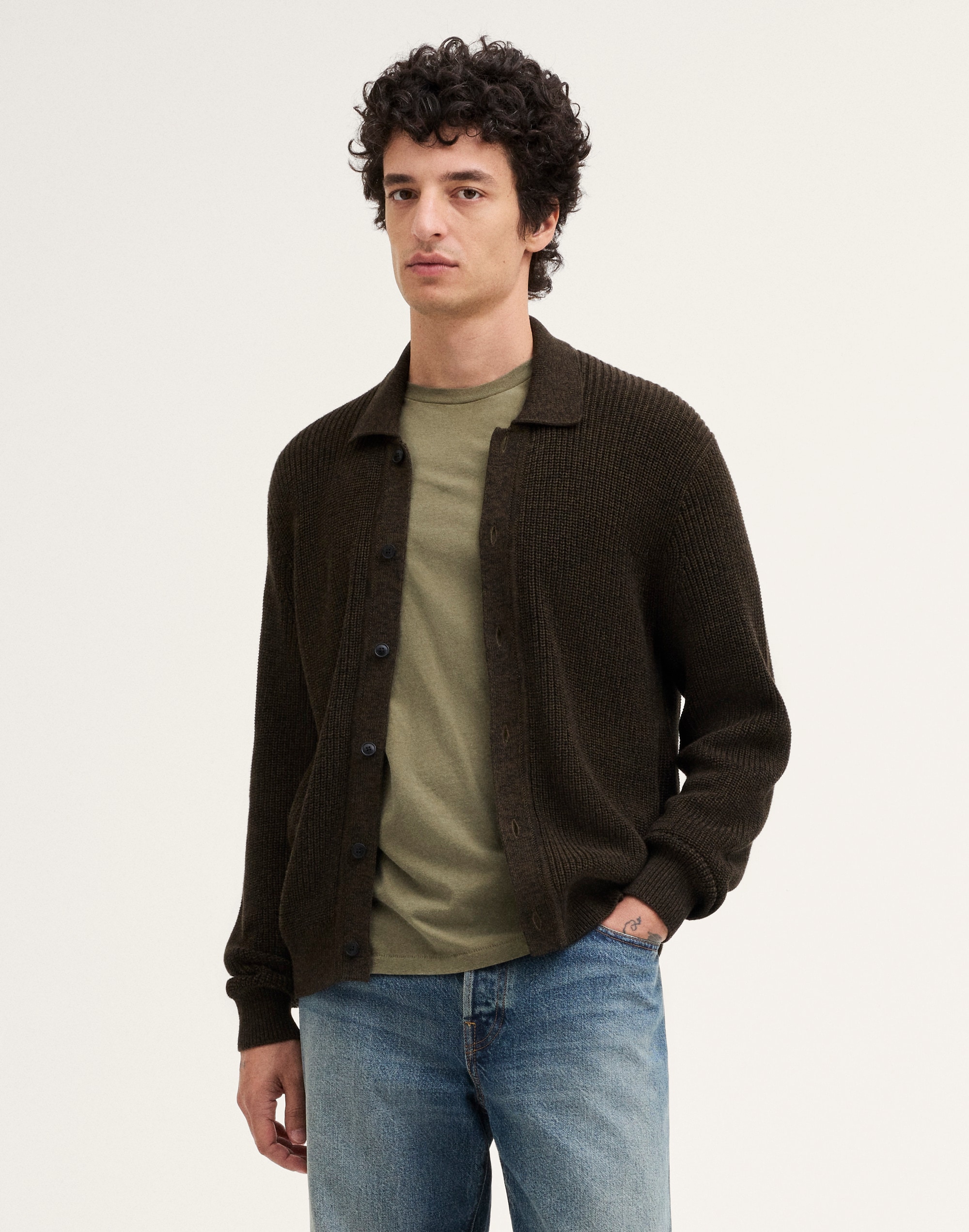 Textured-Stitch Collared Cardigan in 100% Cotton