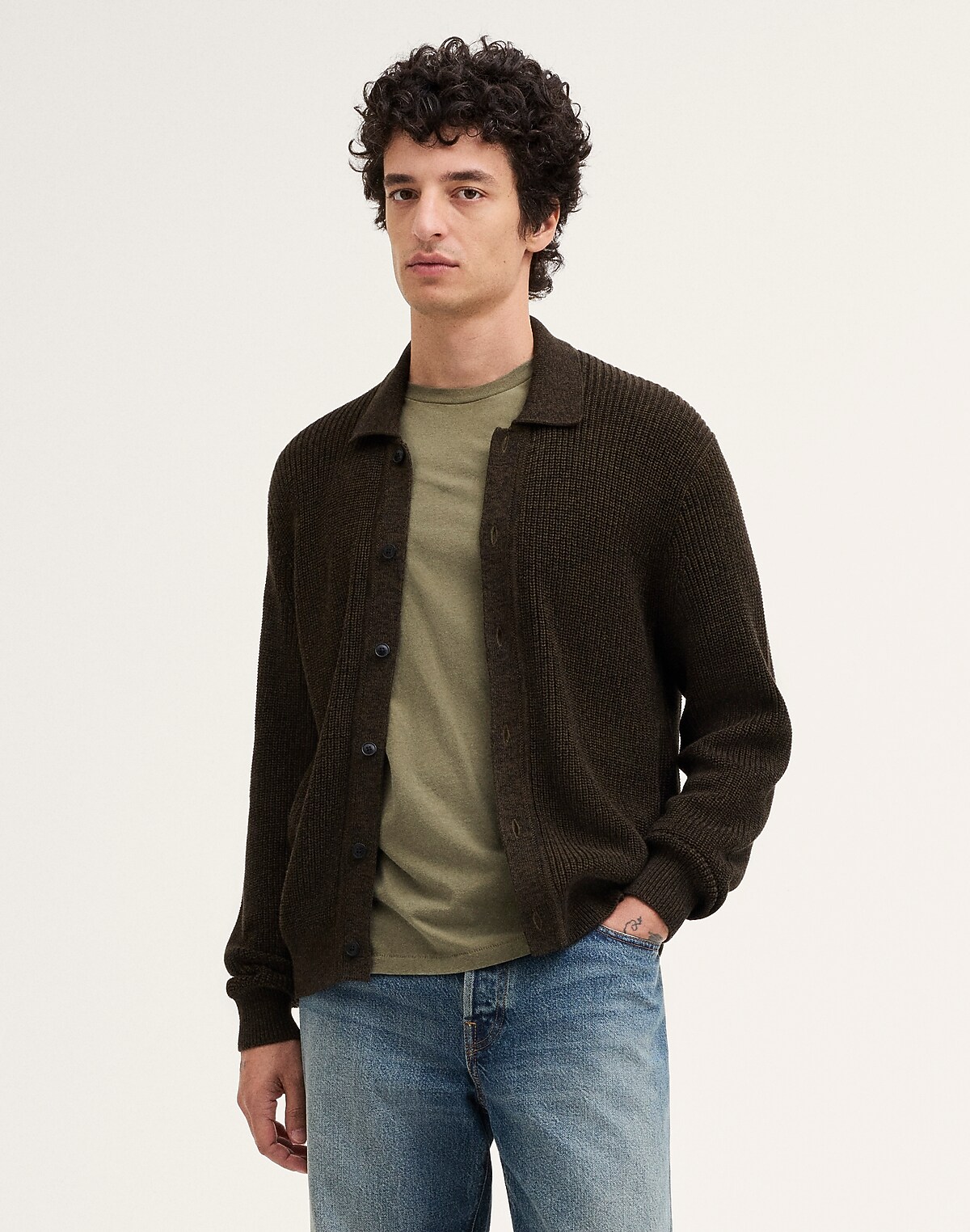 Textured-Stitch Collared Cardigan in 100% Cotton