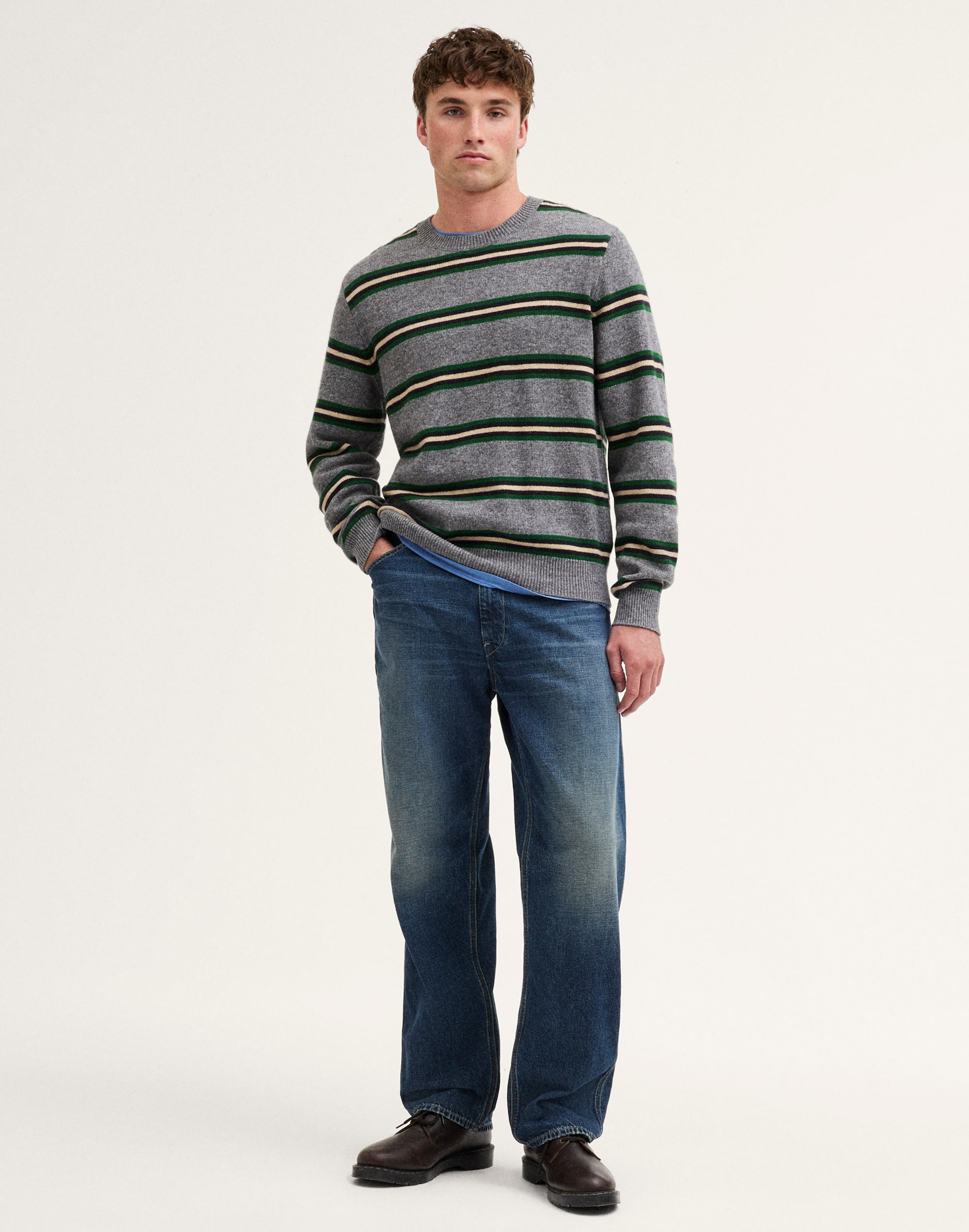 Textured-Stitch Crewneck Sweater in Harbor Wool Blend