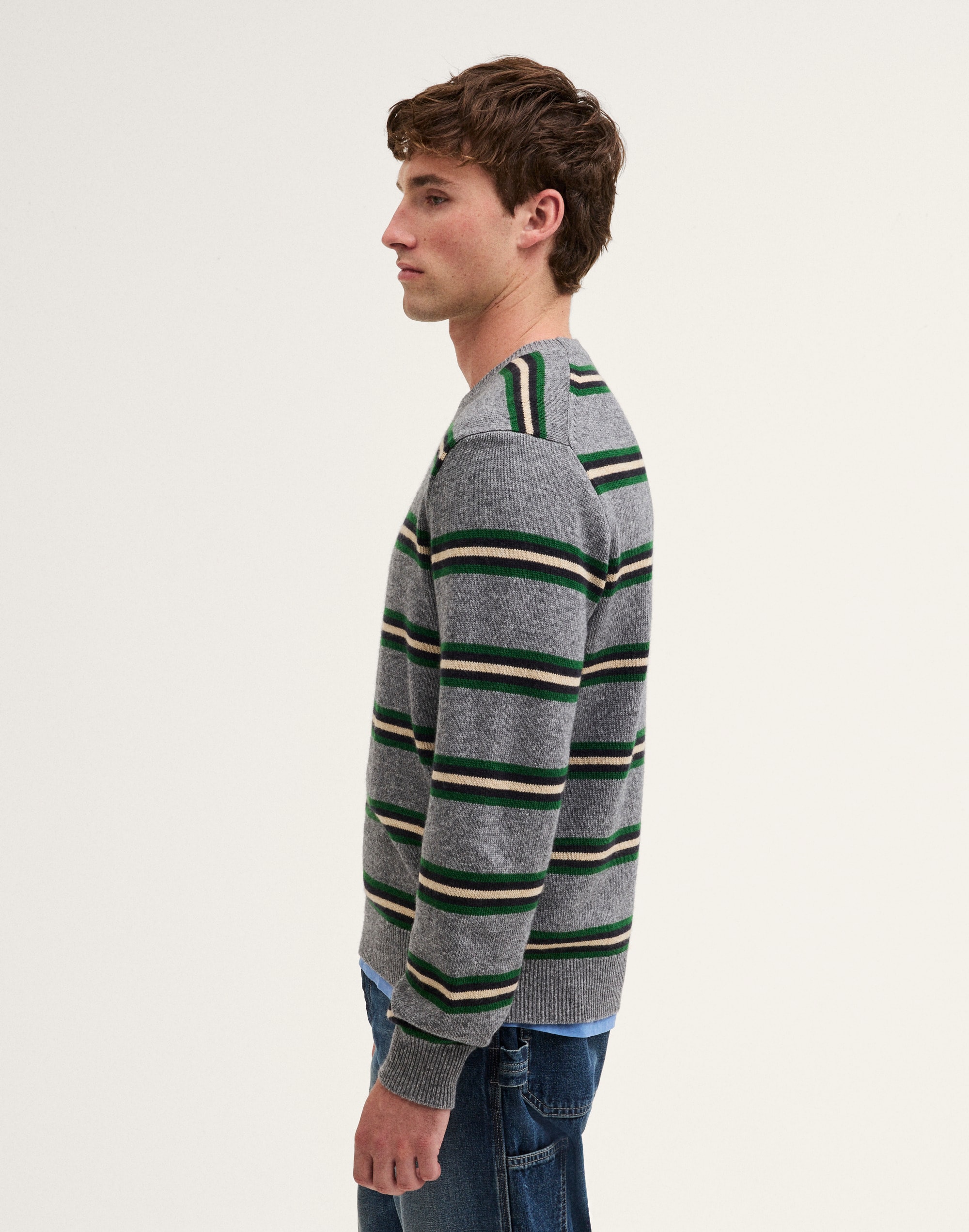 Textured-Stitch Crewneck Sweater in Harbor Wool Blend
