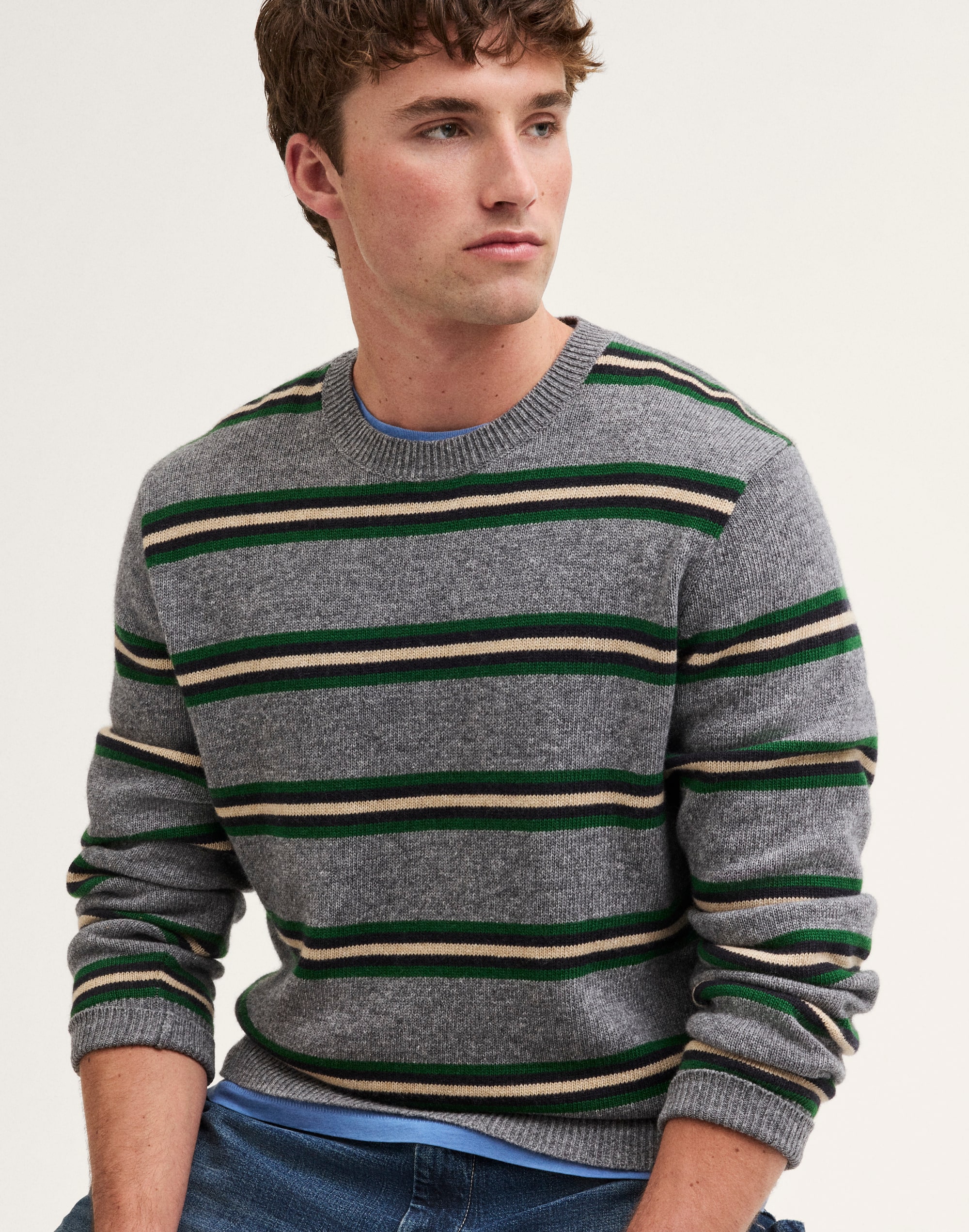 Textured-Stitch Crewneck Sweater in Harbor Wool Blend