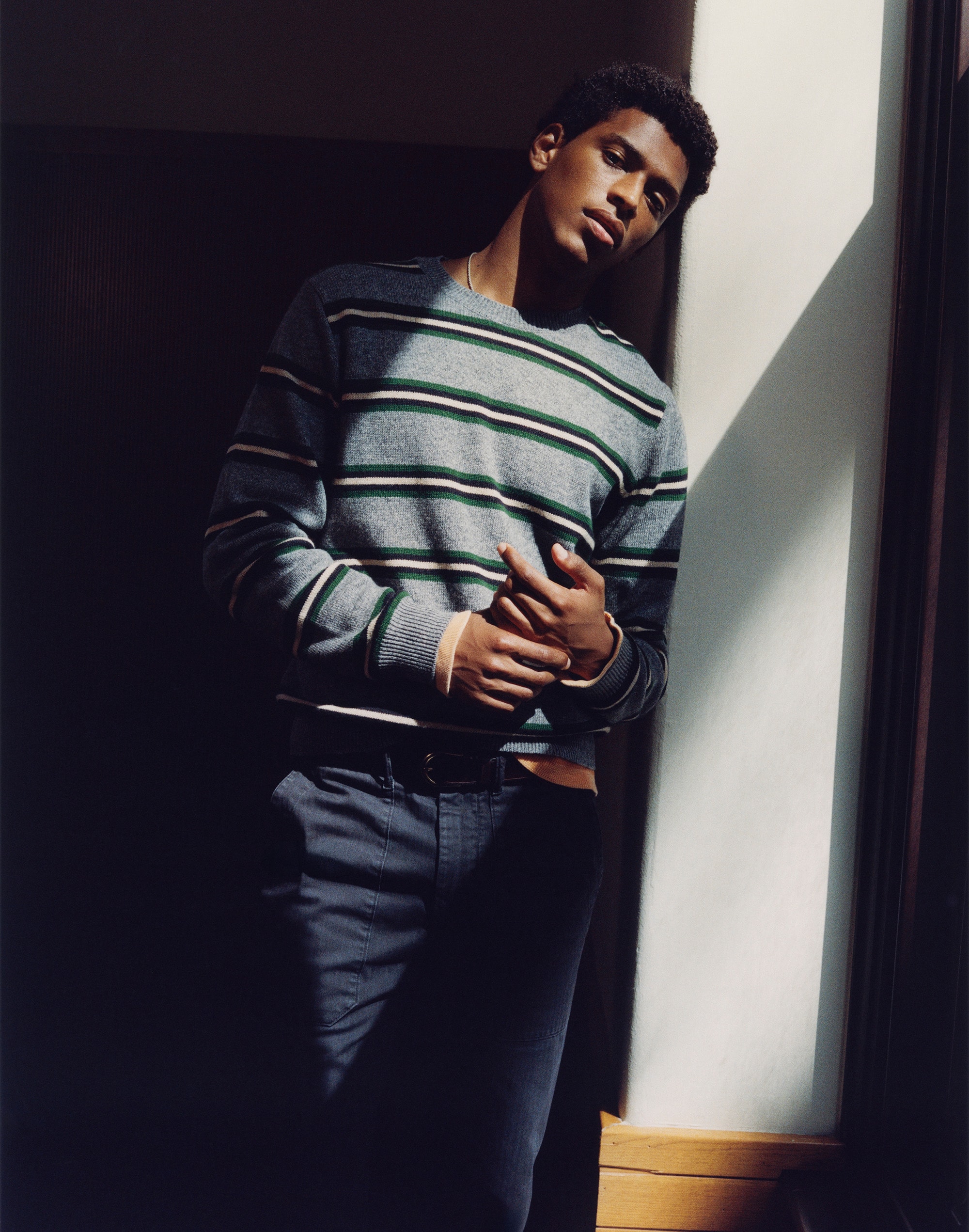 Textured-Stitch Crewneck Sweater in Harbor Wool Blend