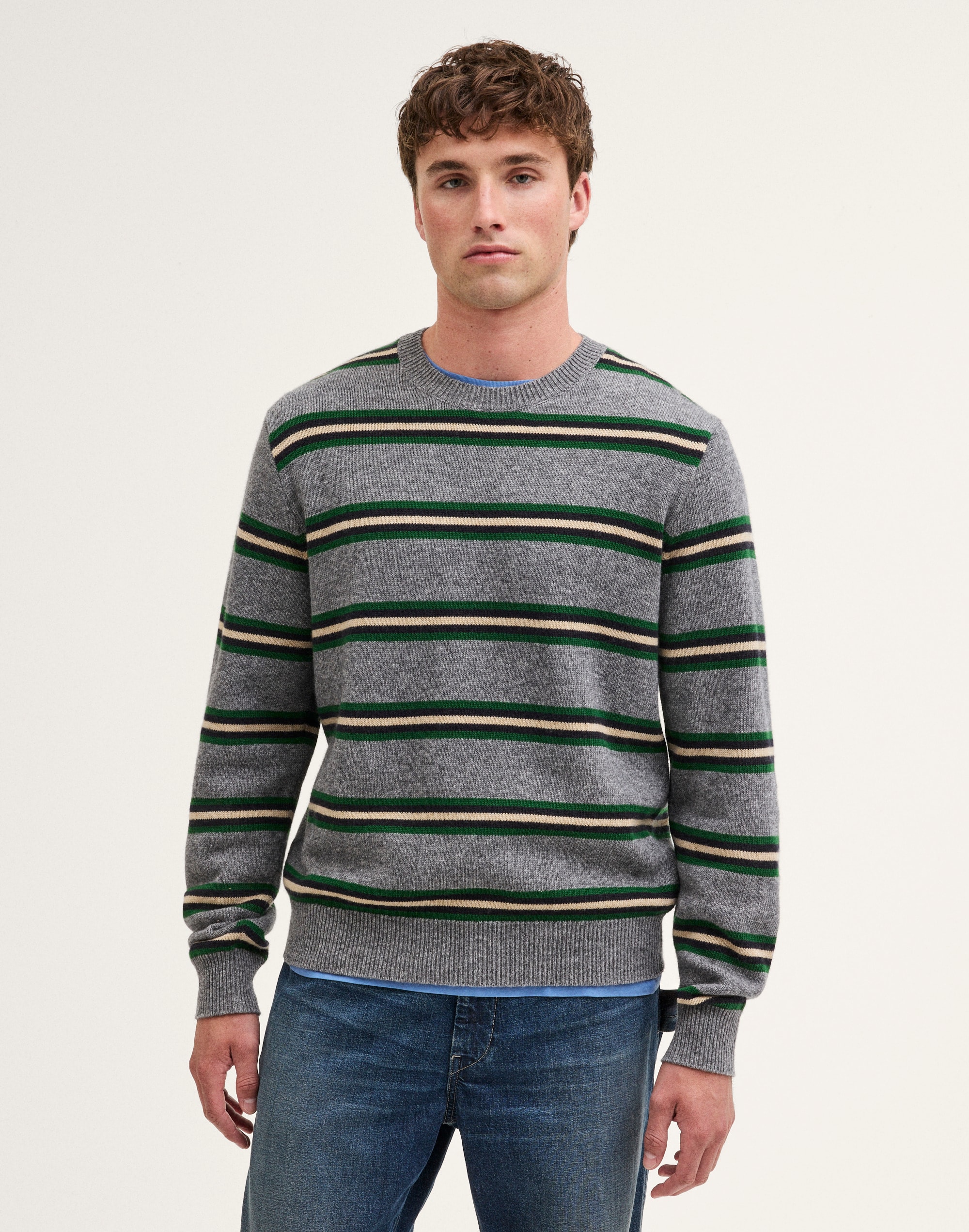 Textured-Stitch Crewneck Sweater in Harbor Wool Blend