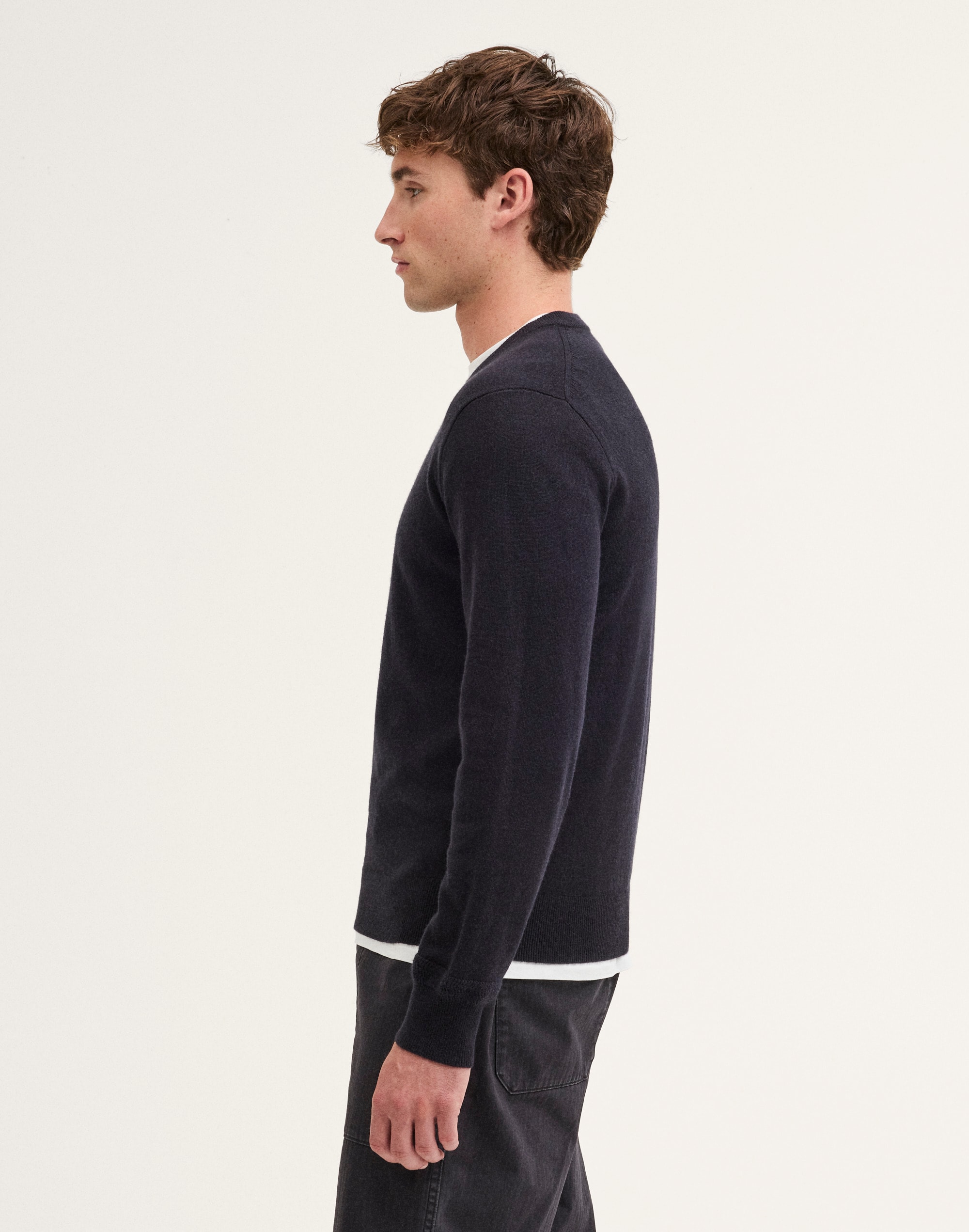 Textured-Stitch V-Neck Sweater in Harbor Wool Blend