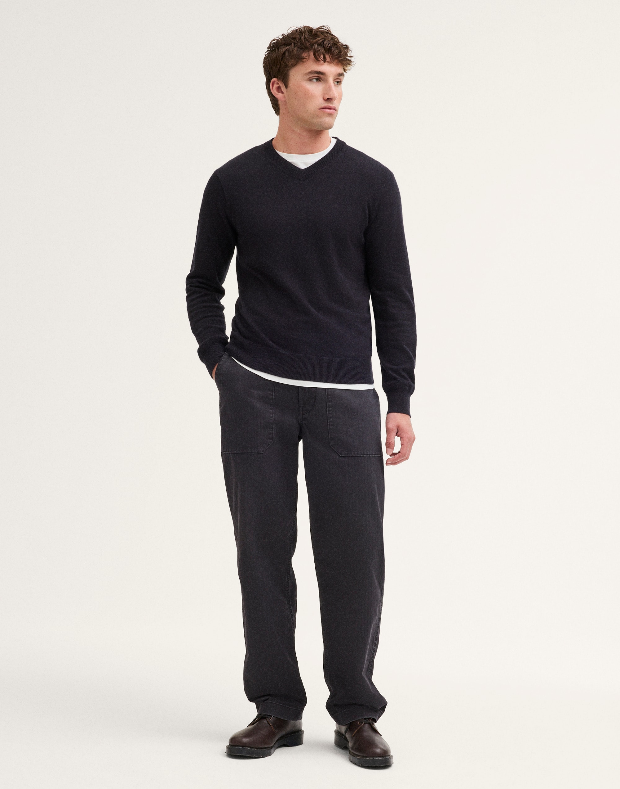 Textured-Stitch V-Neck Sweater in Harbor Wool Blend
