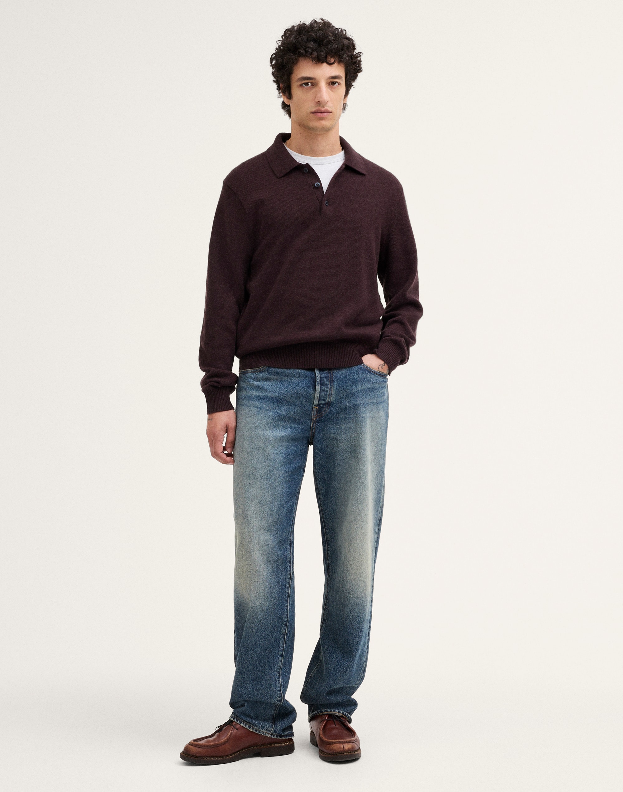 Textured-Stitch Long-Sleeve Polo in Harbor Wool Blend
