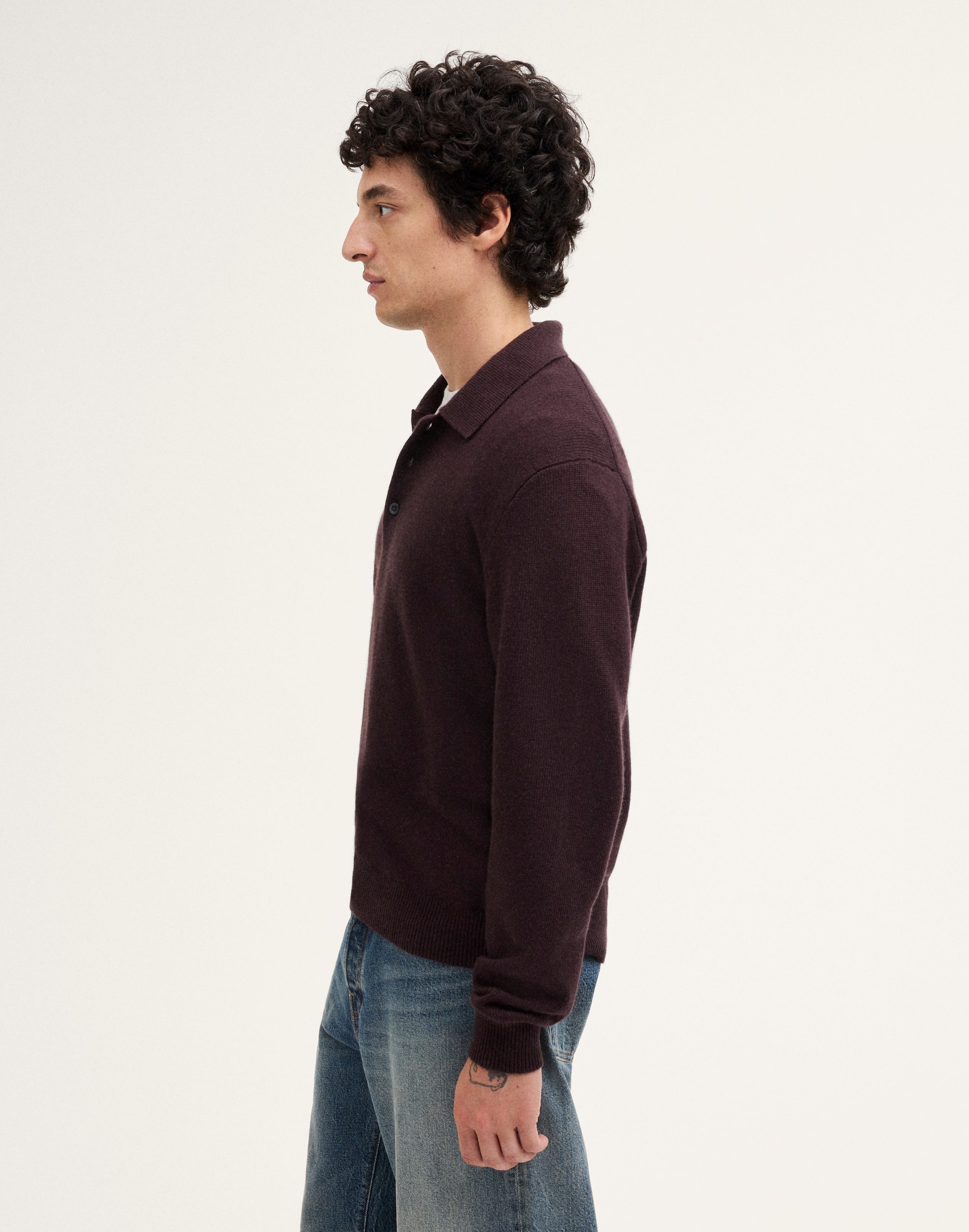 Textured-Stitch Long-Sleeve Polo in Harbor Wool Blend