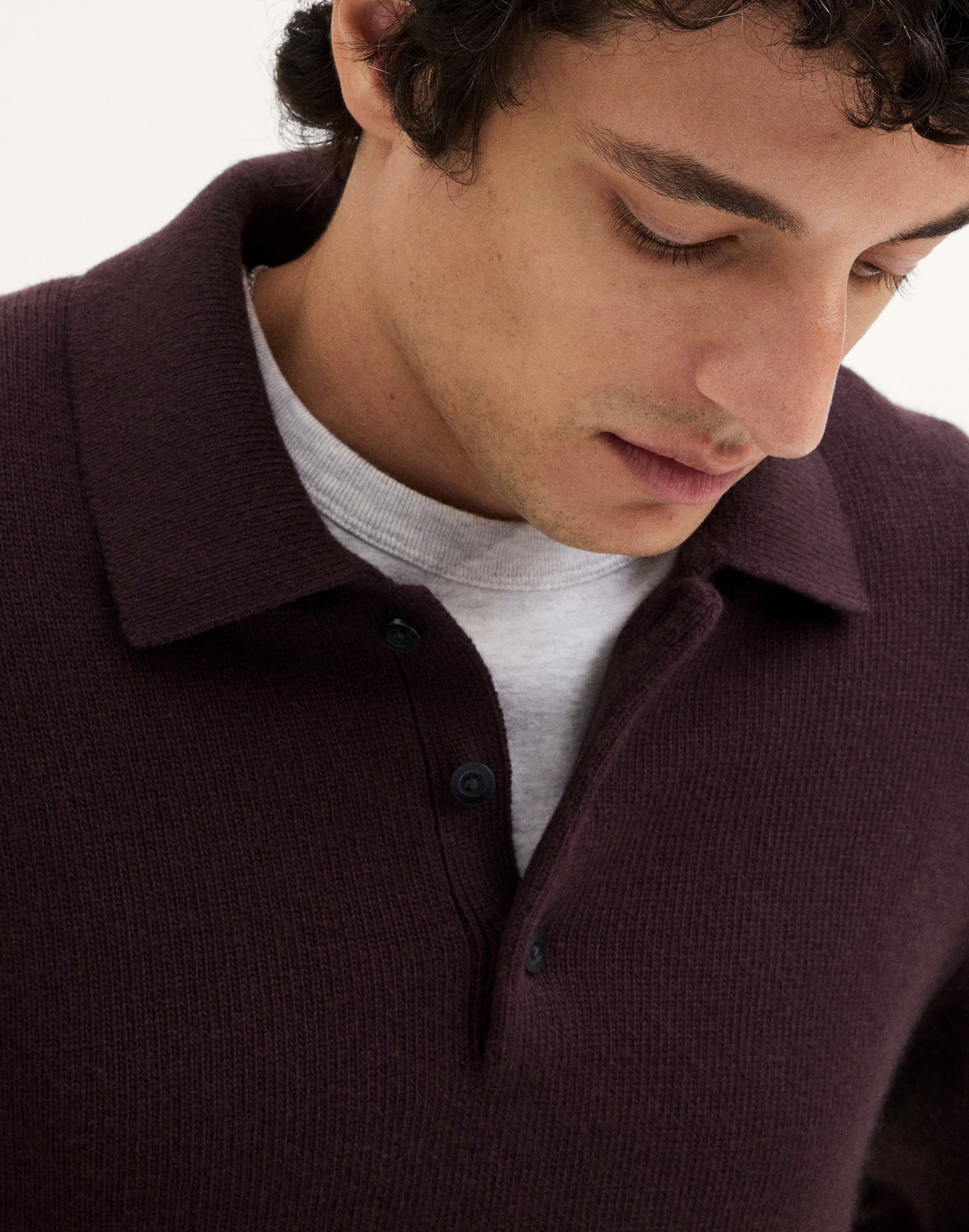 Textured-Stitch Long-Sleeve Polo in Harbor Wool Blend