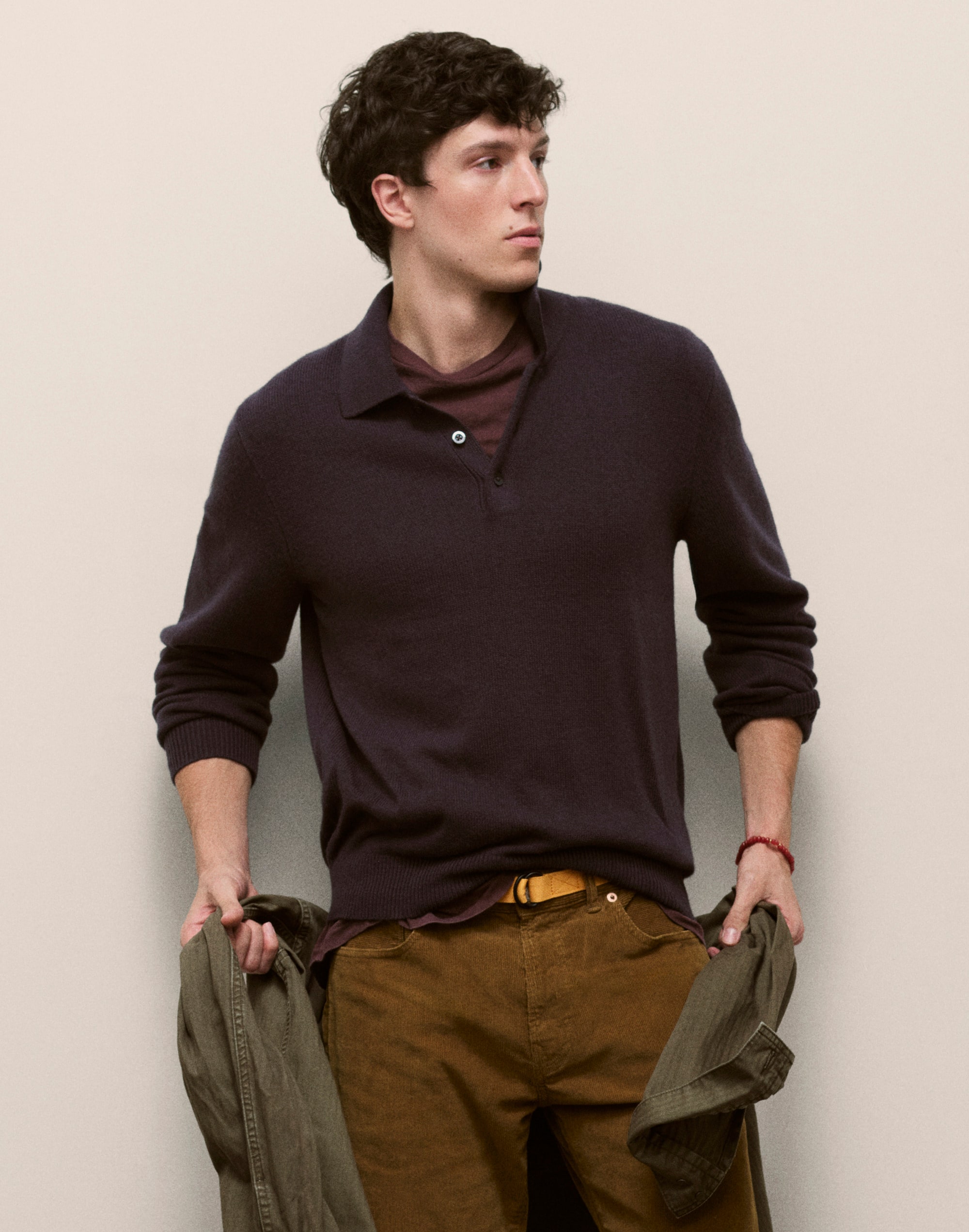 Textured-Stitch Long-Sleeve Polo in Harbor Wool Blend