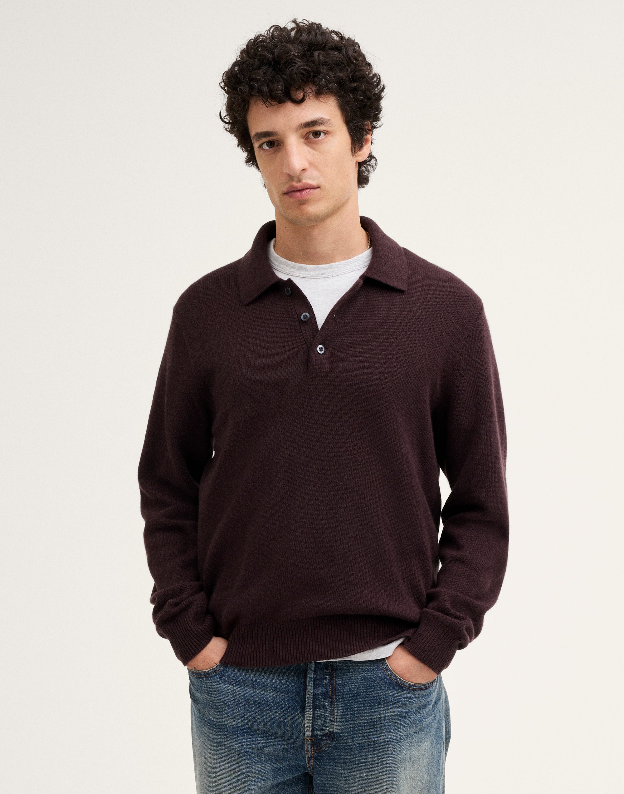 Textured-Stitch Long-Sleeve Polo in Harbor Wool Blend
