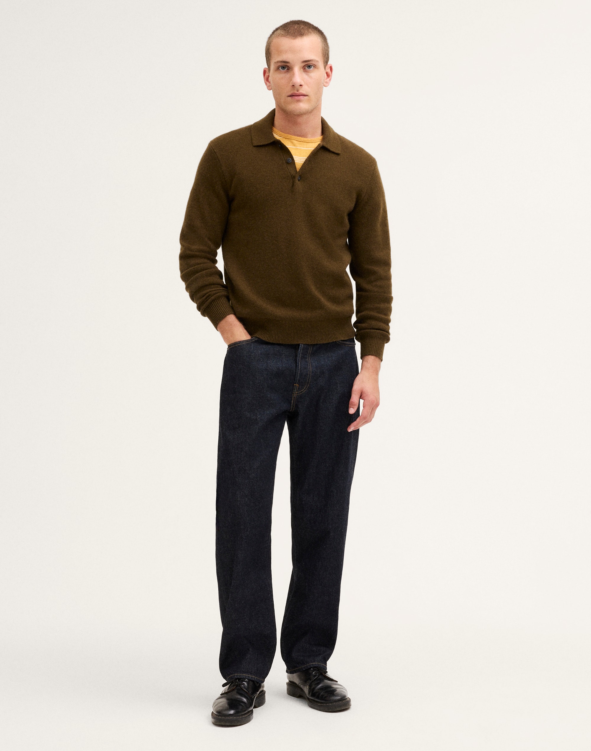 Textured-Stitch Long-Sleeve Polo in Harbor Wool Blend