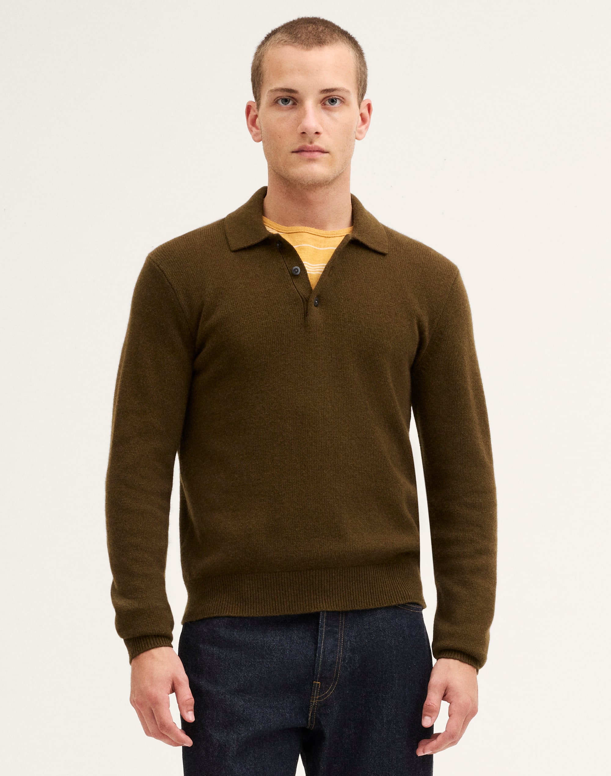 Textured-Stitch Long-Sleeve Polo in Harbor Wool Blend