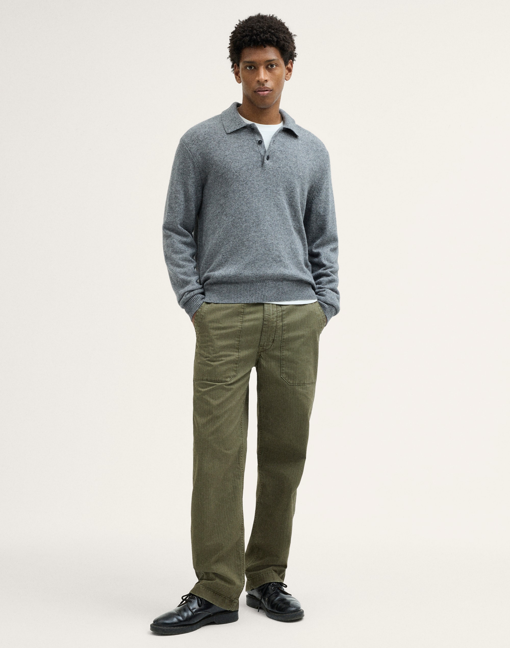 Textured-Stitch Long-Sleeve Polo in Harbor Wool Blend