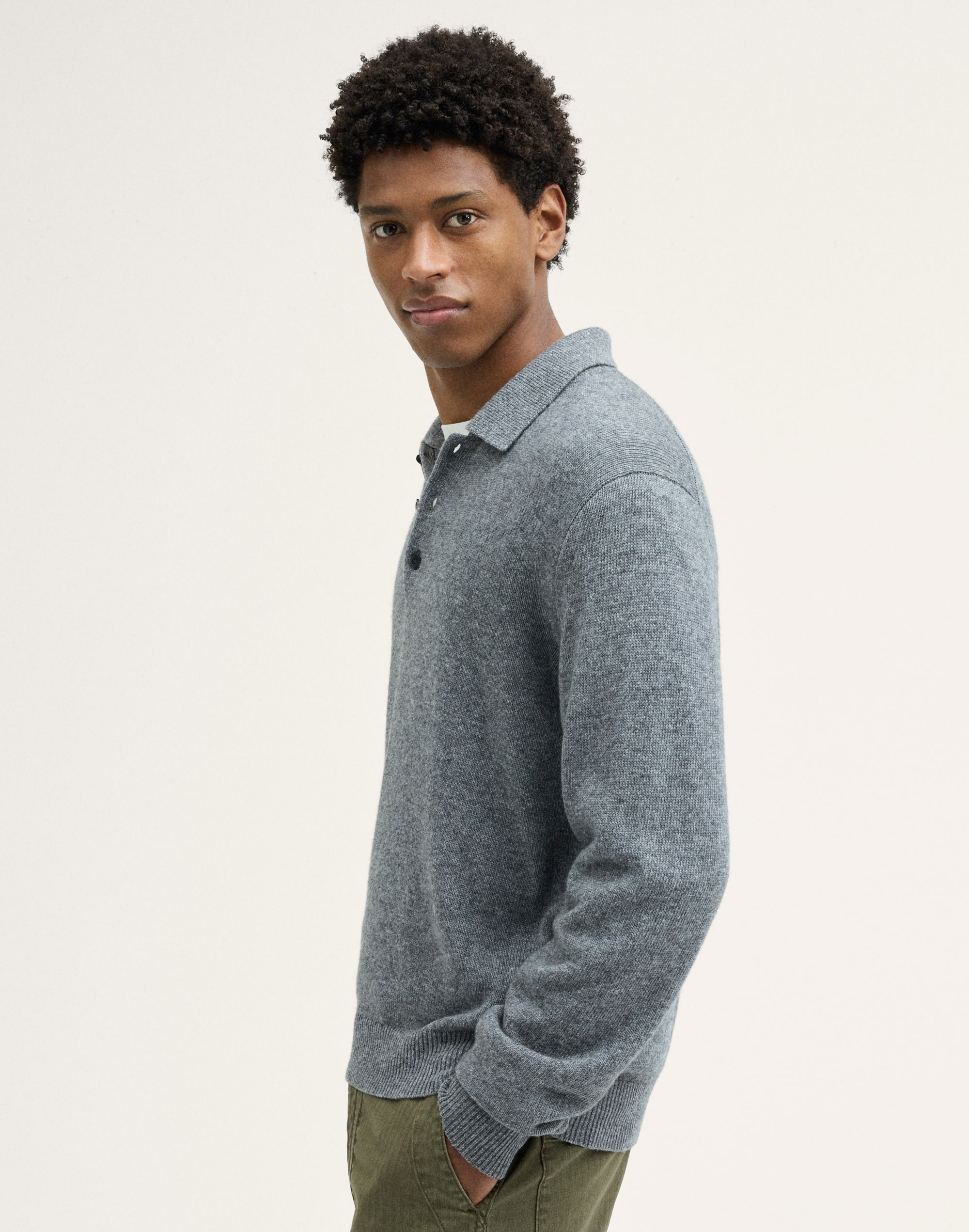 Textured-Stitch Long-Sleeve Polo in Harbor Wool Blend
