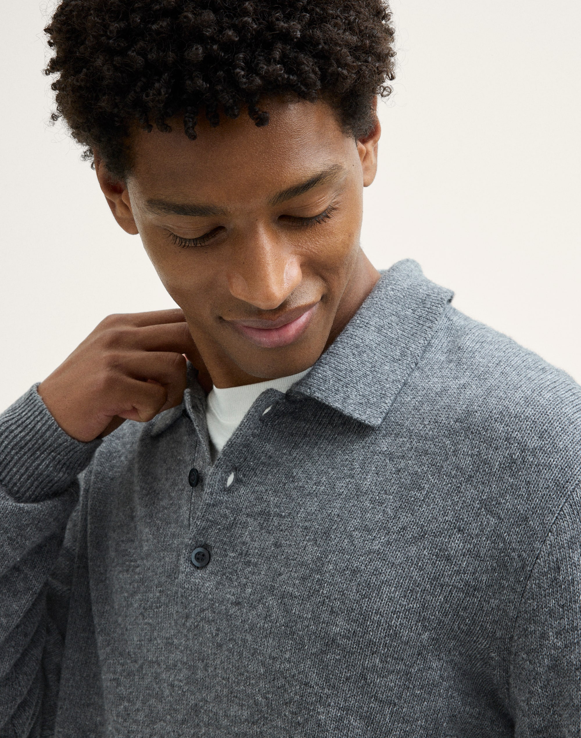 Textured-Stitch Long-Sleeve Polo in Harbor Wool Blend