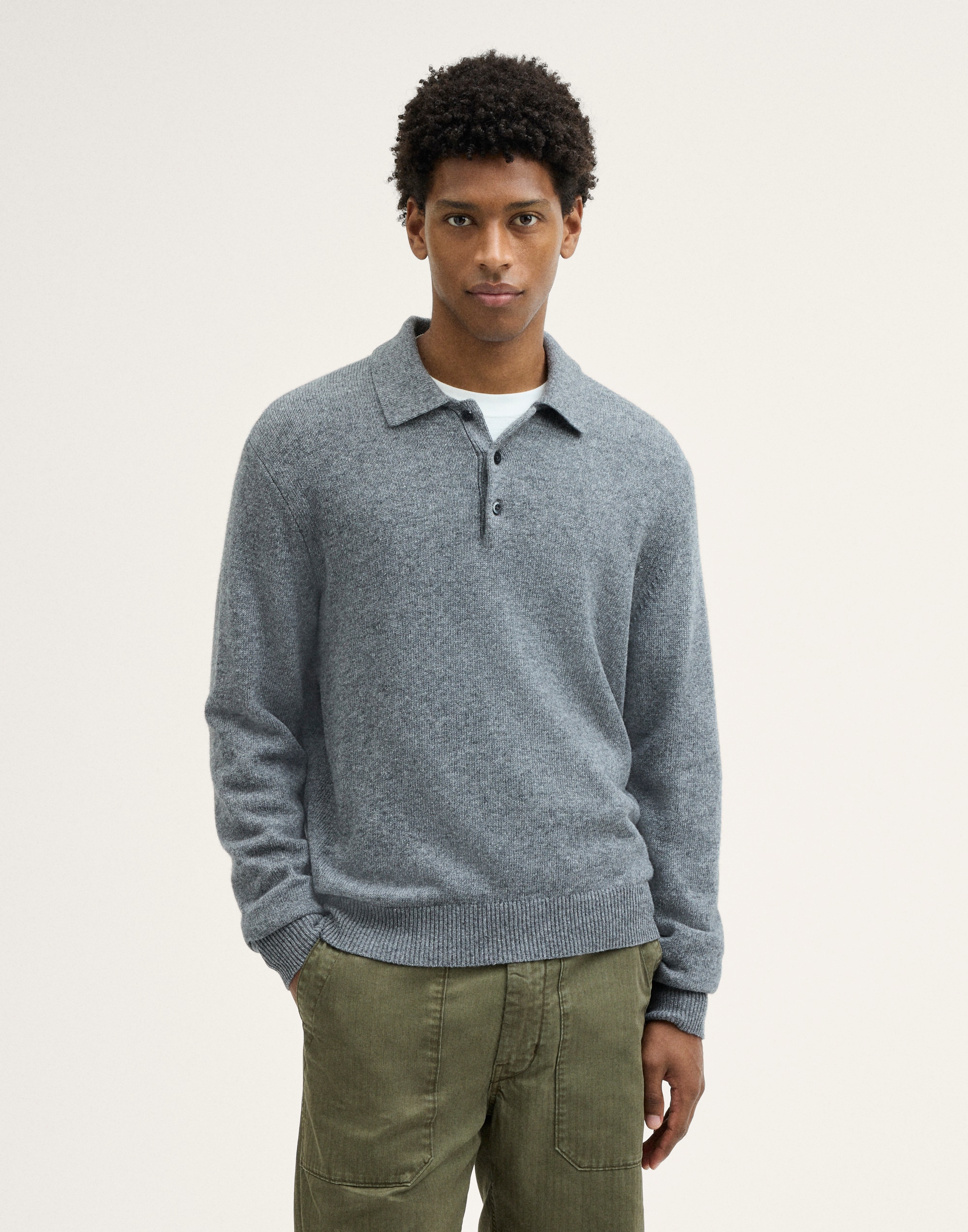 Textured-Stitch Long-Sleeve Polo in Harbor Wool Blend