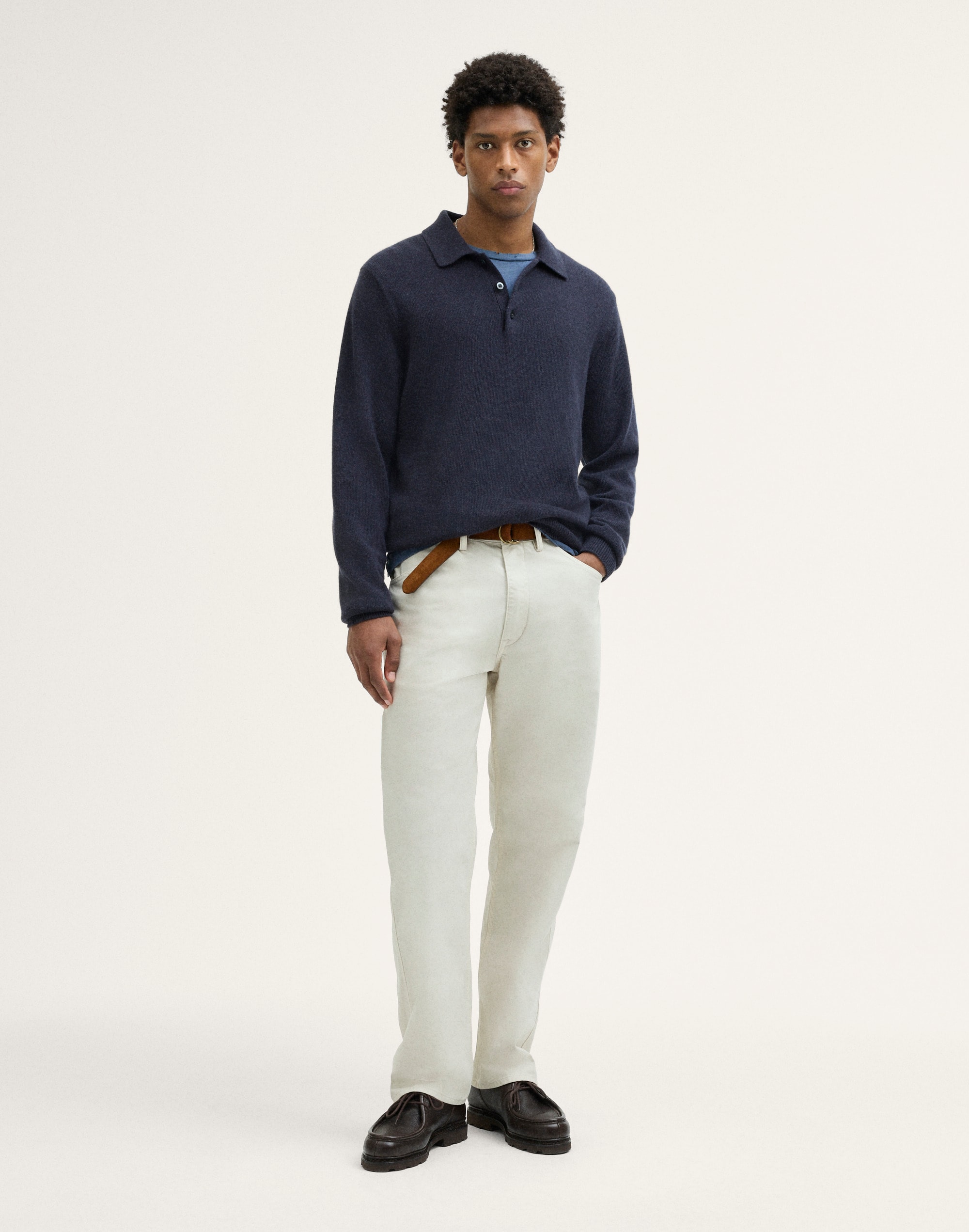 Textured-Stitch Long-Sleeve Polo in Harbor Wool Blend