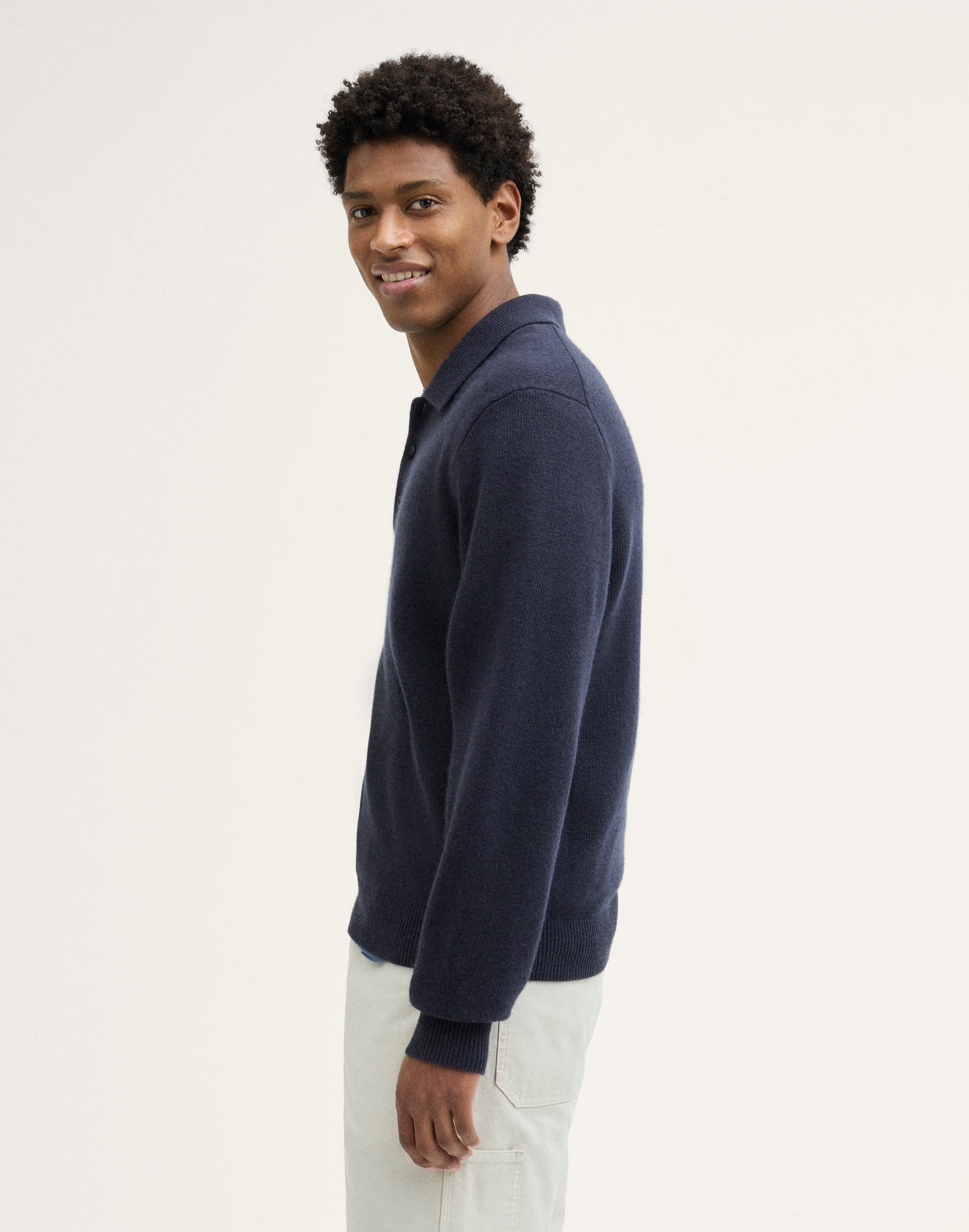 Textured-Stitch Long-Sleeve Polo in Harbor Wool Blend