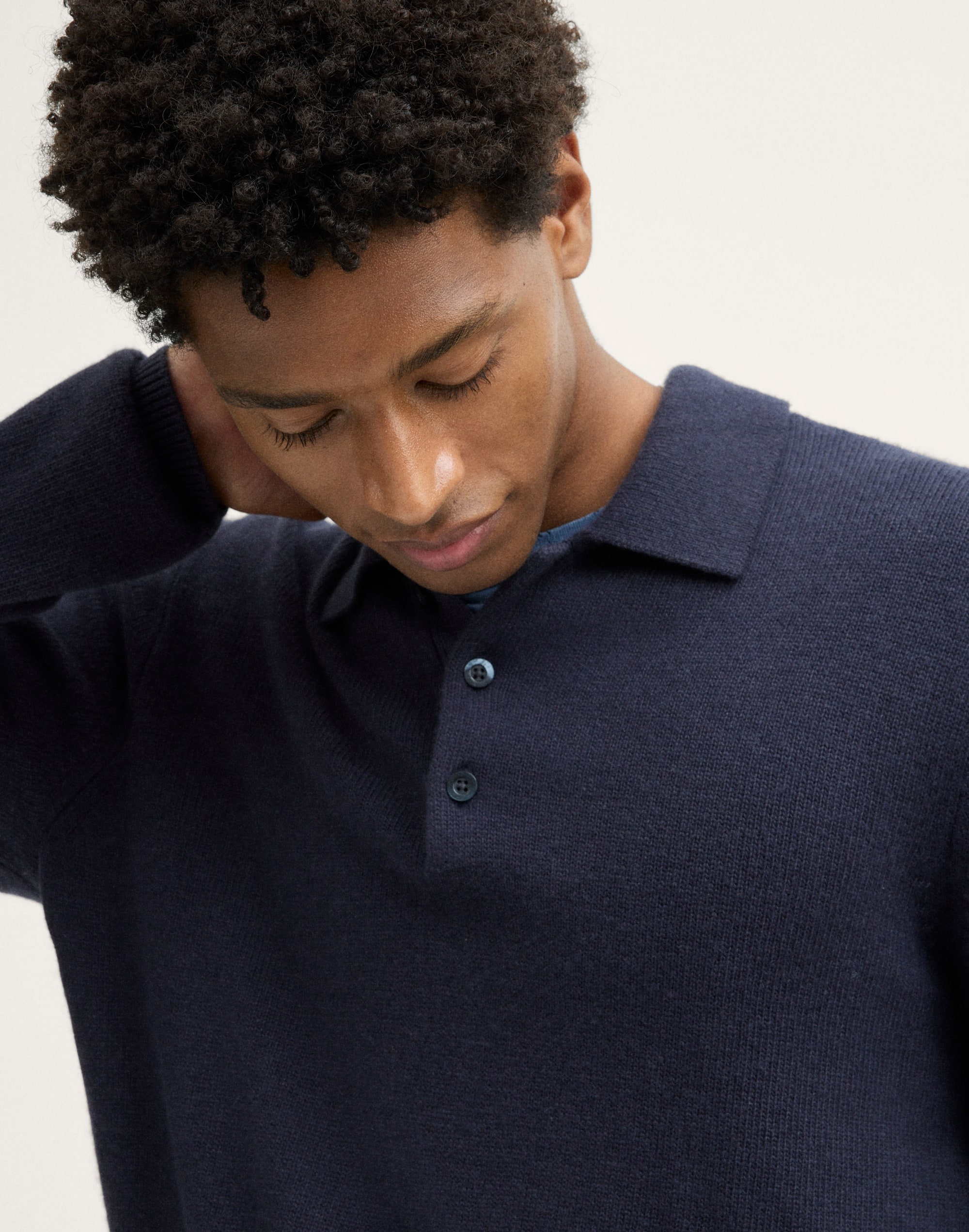 Textured-Stitch Long-Sleeve Polo in Harbor Wool Blend