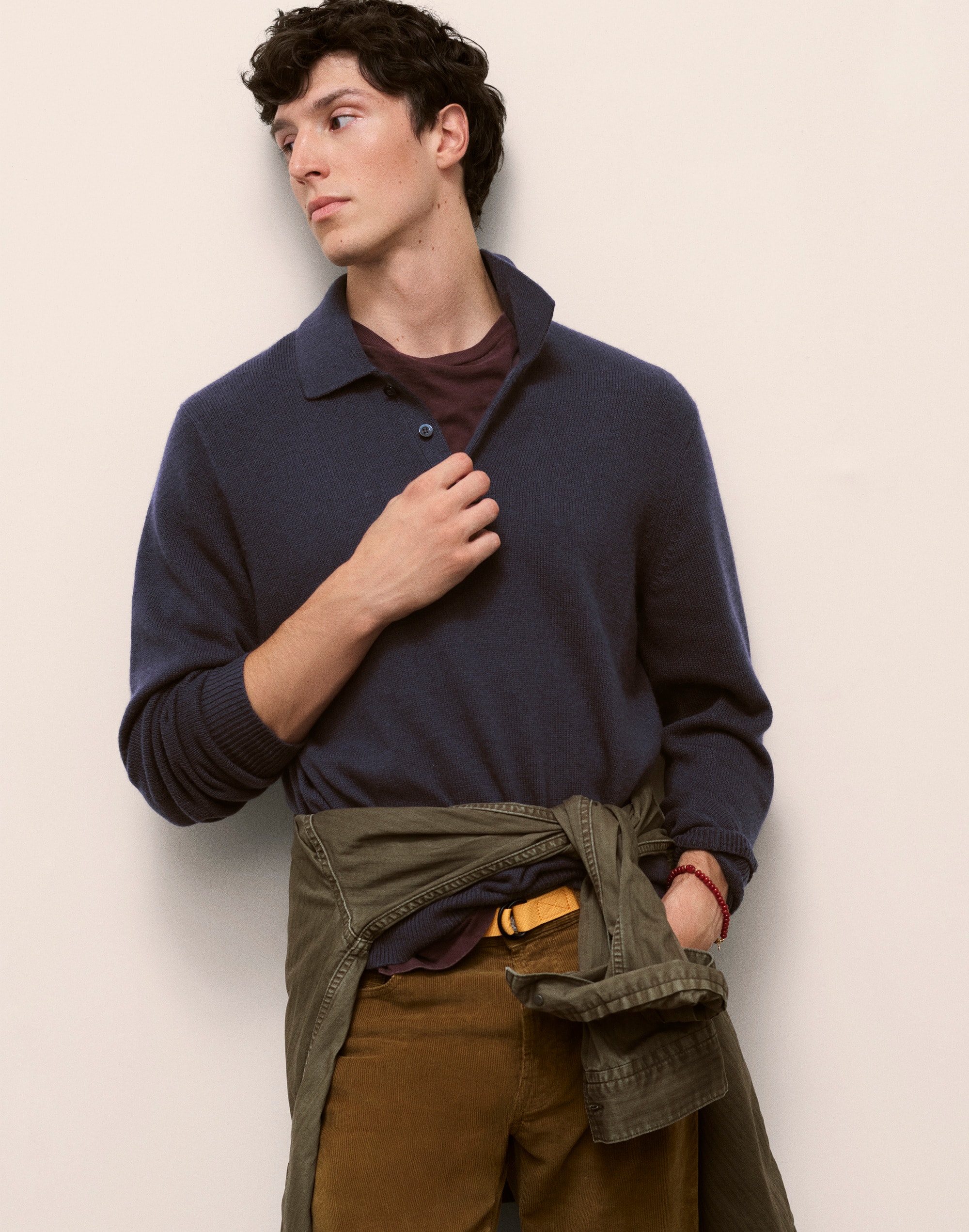 Textured-Stitch Long-Sleeve Polo in Harbor Wool Blend
