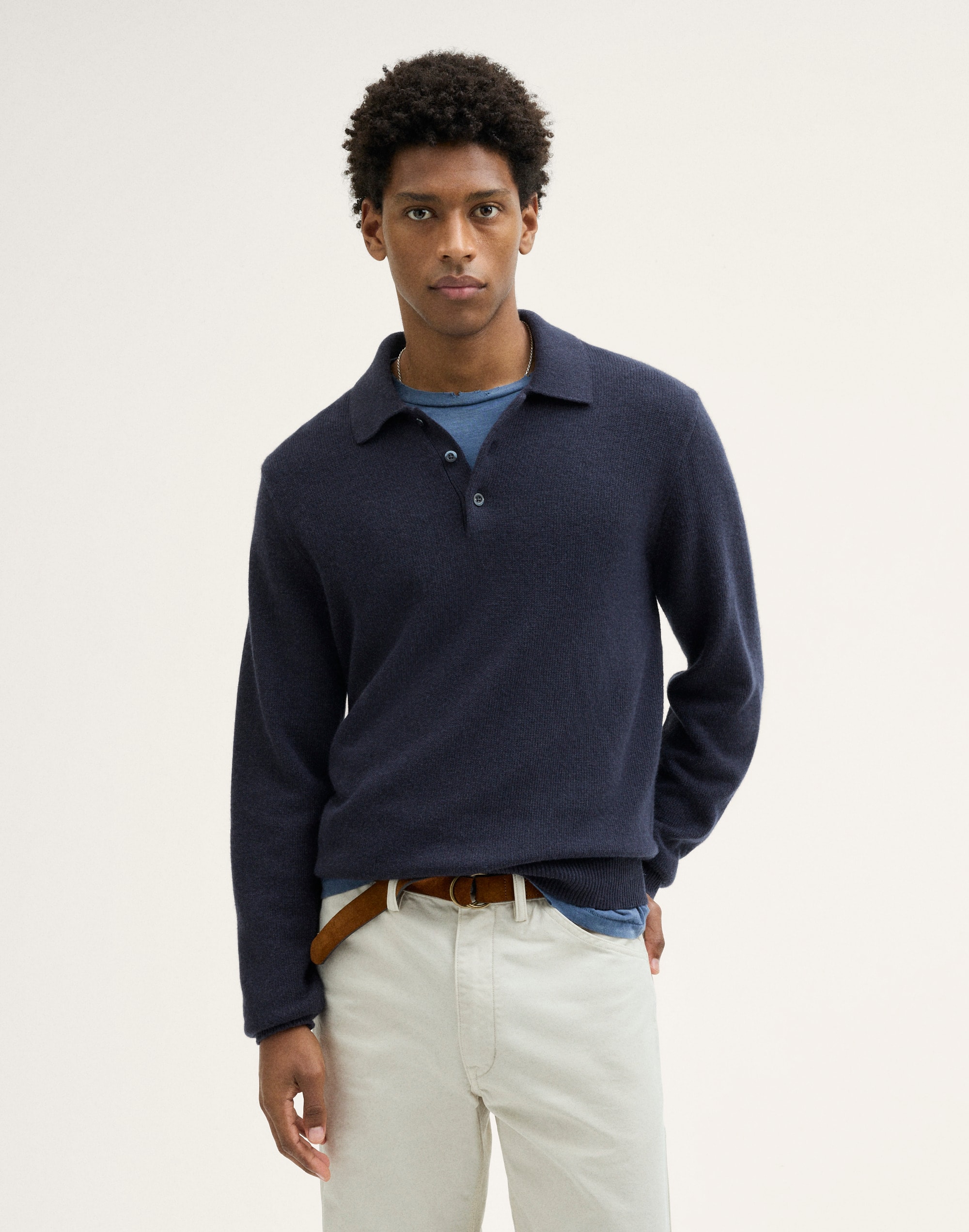 Textured-Stitch Long-Sleeve Polo in Harbor Wool Blend