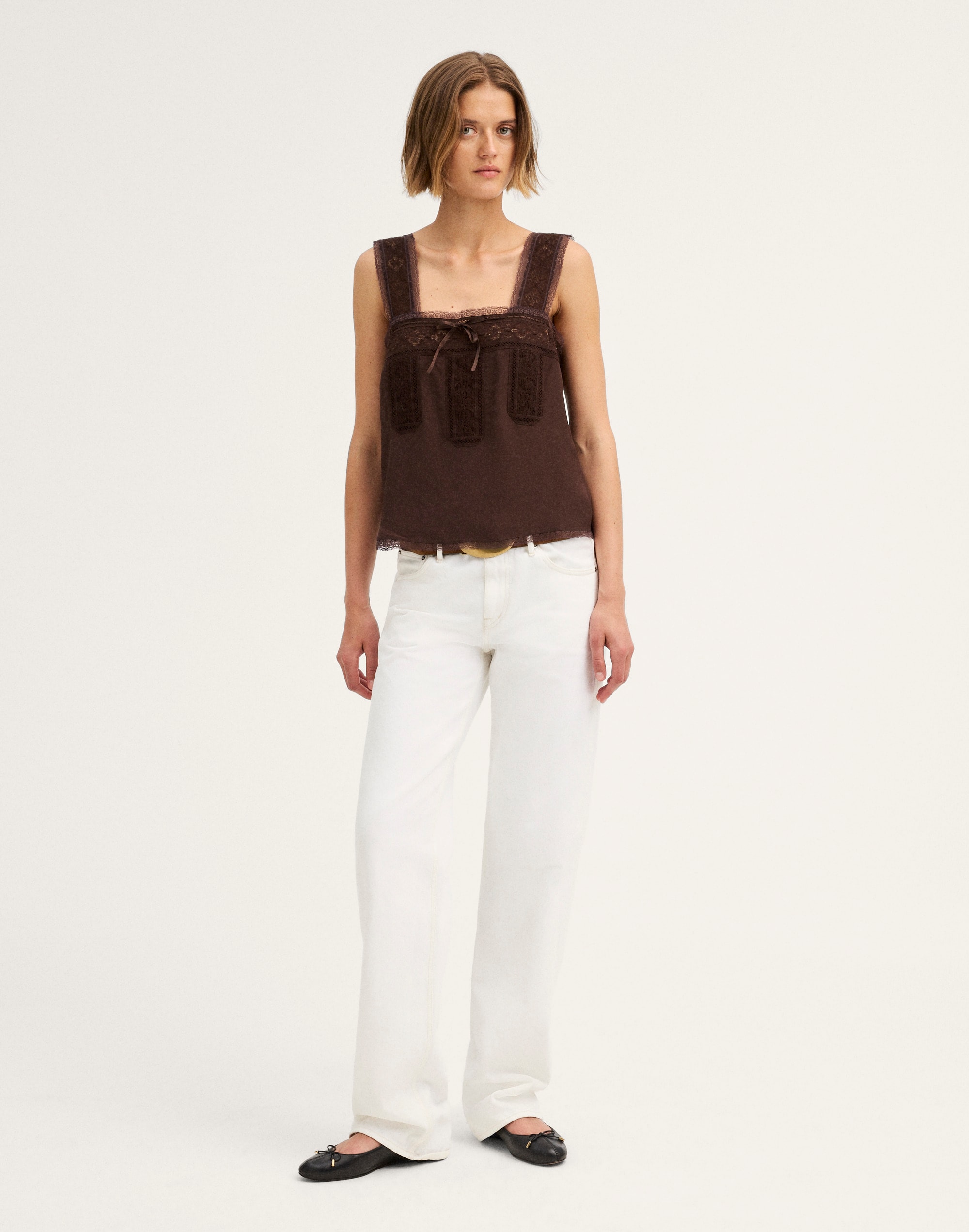 Lace-Insert Tie-Front Cami
