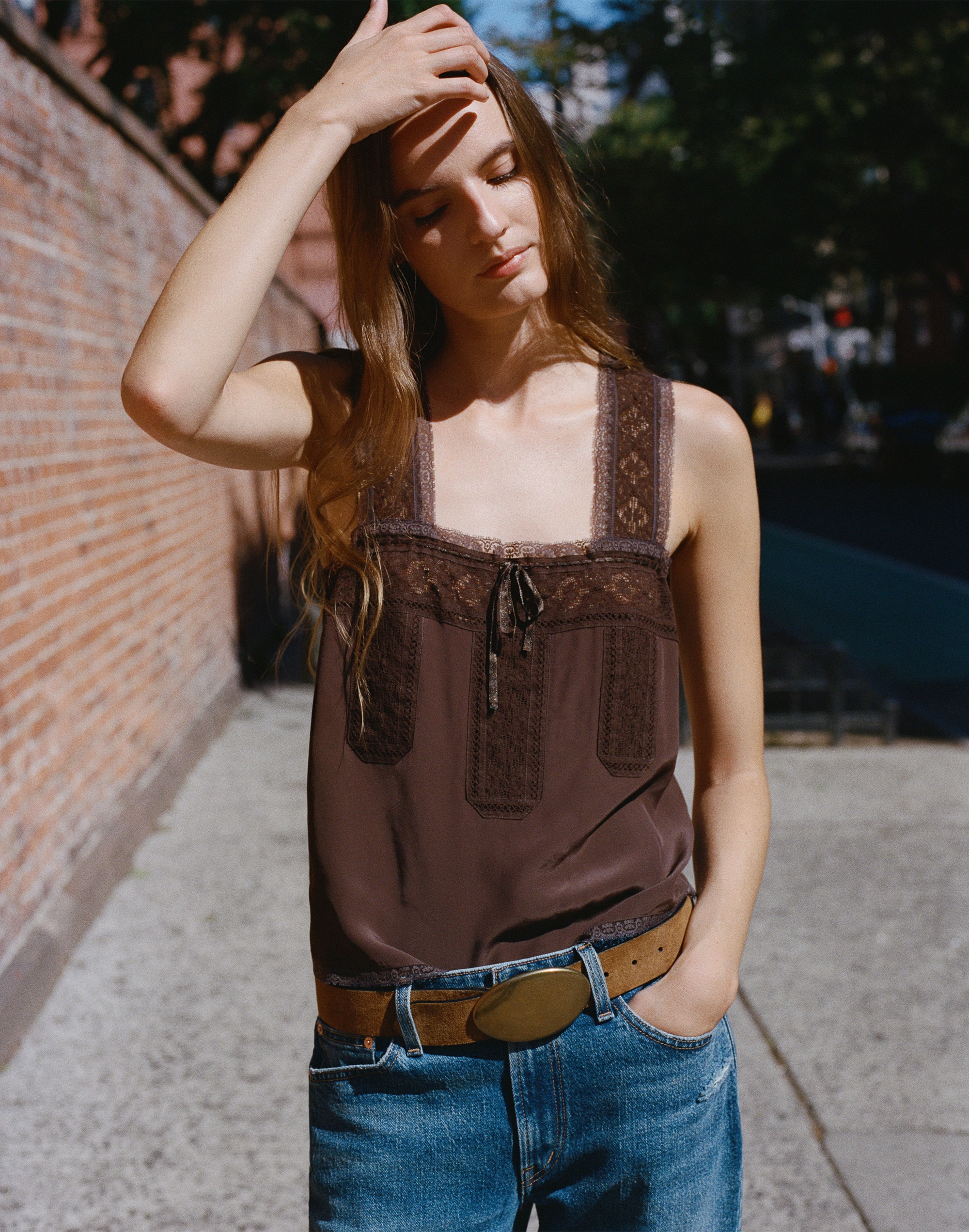 Lace-Insert Tie-Front Cami
