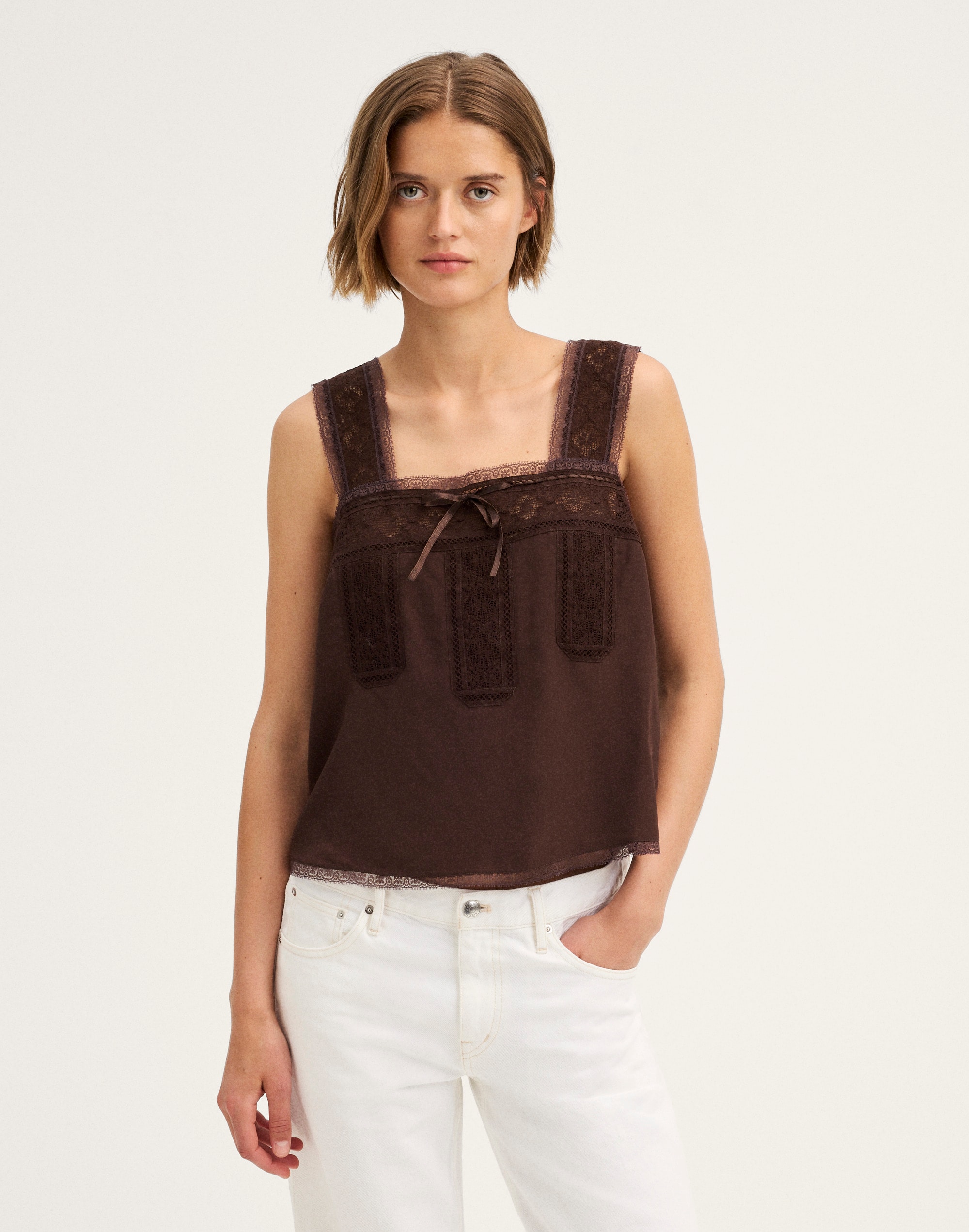 lace-insert tie-front cami