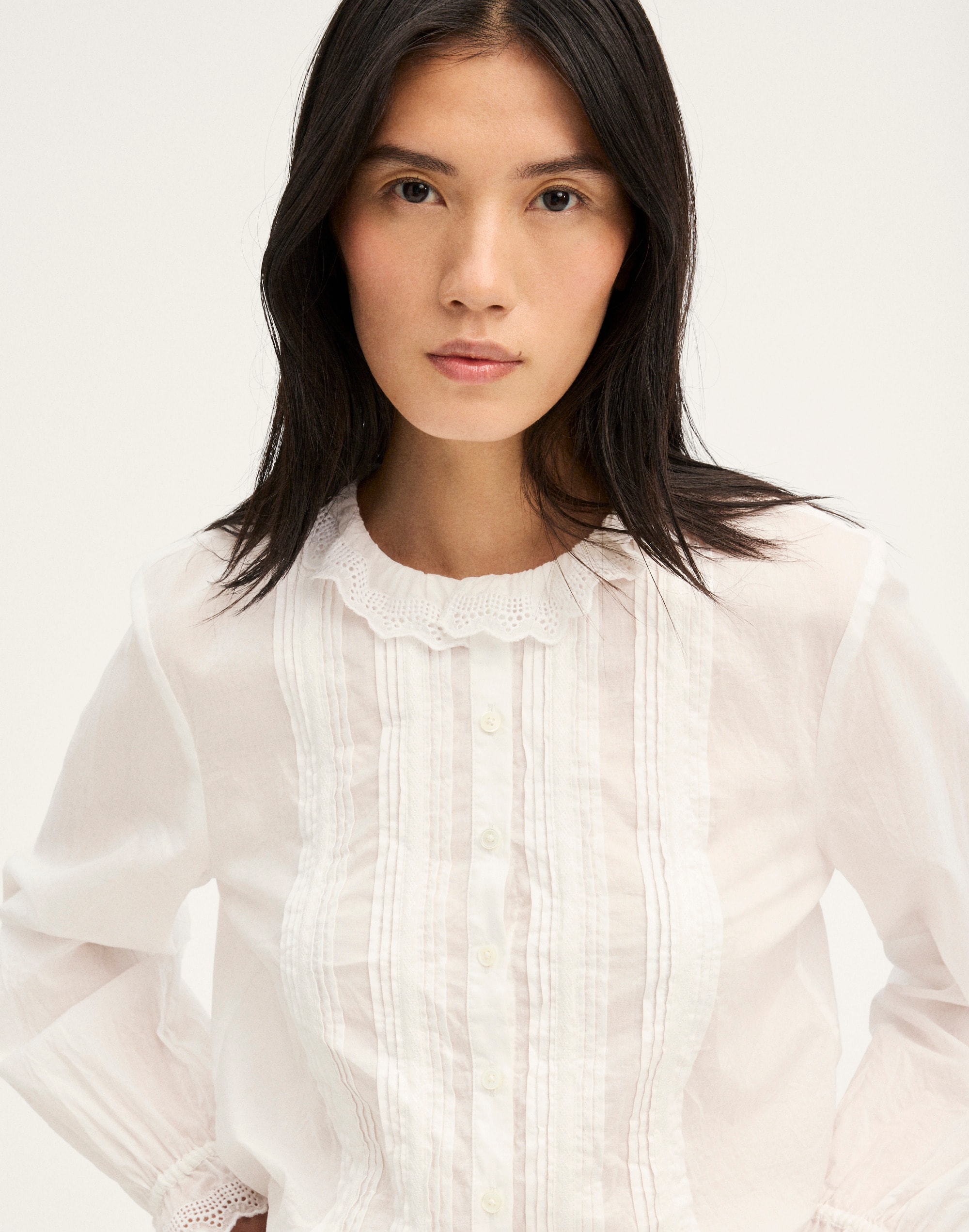Ruffled Pintuck High-Neck Top