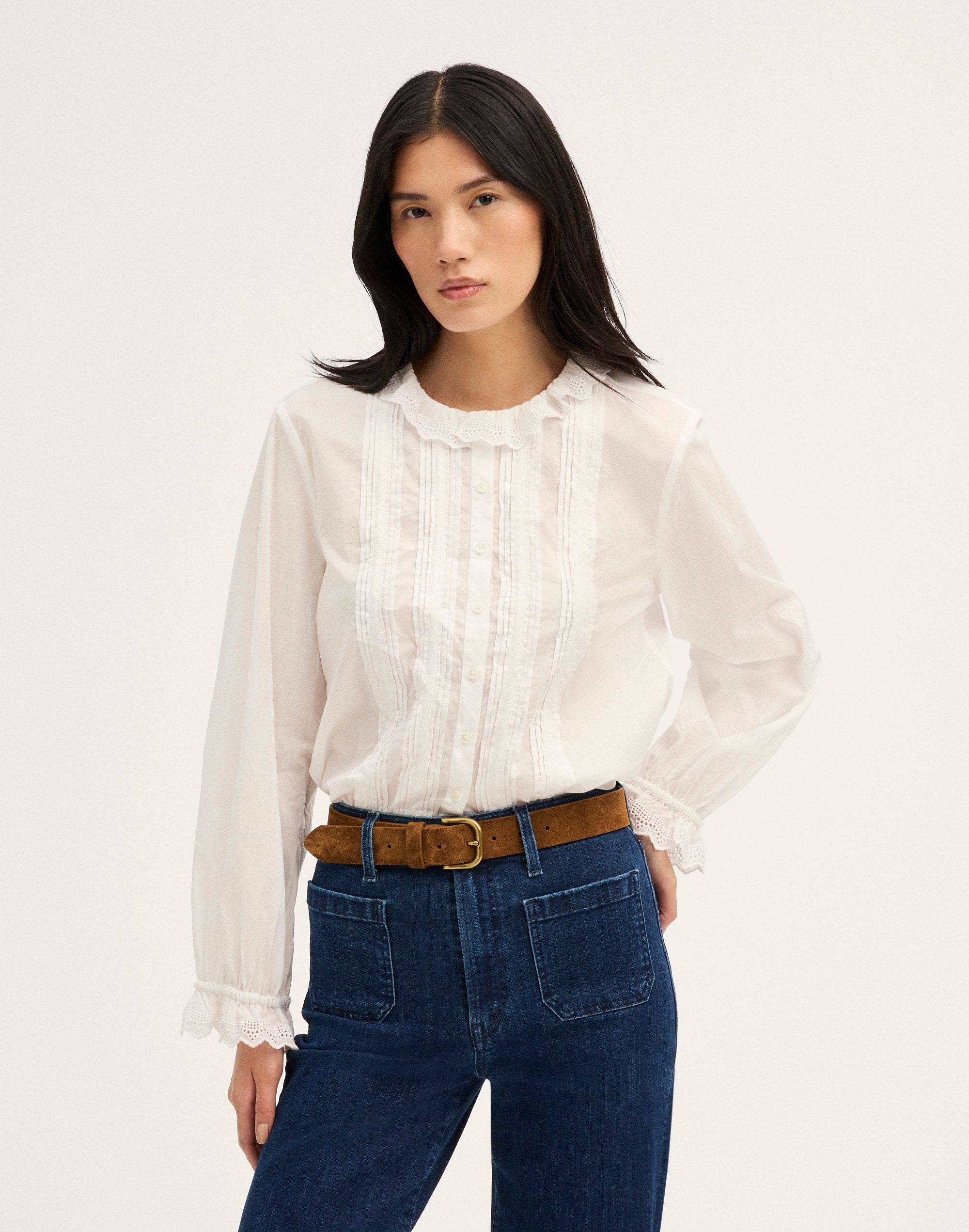 ruffled pintuck high-neck top