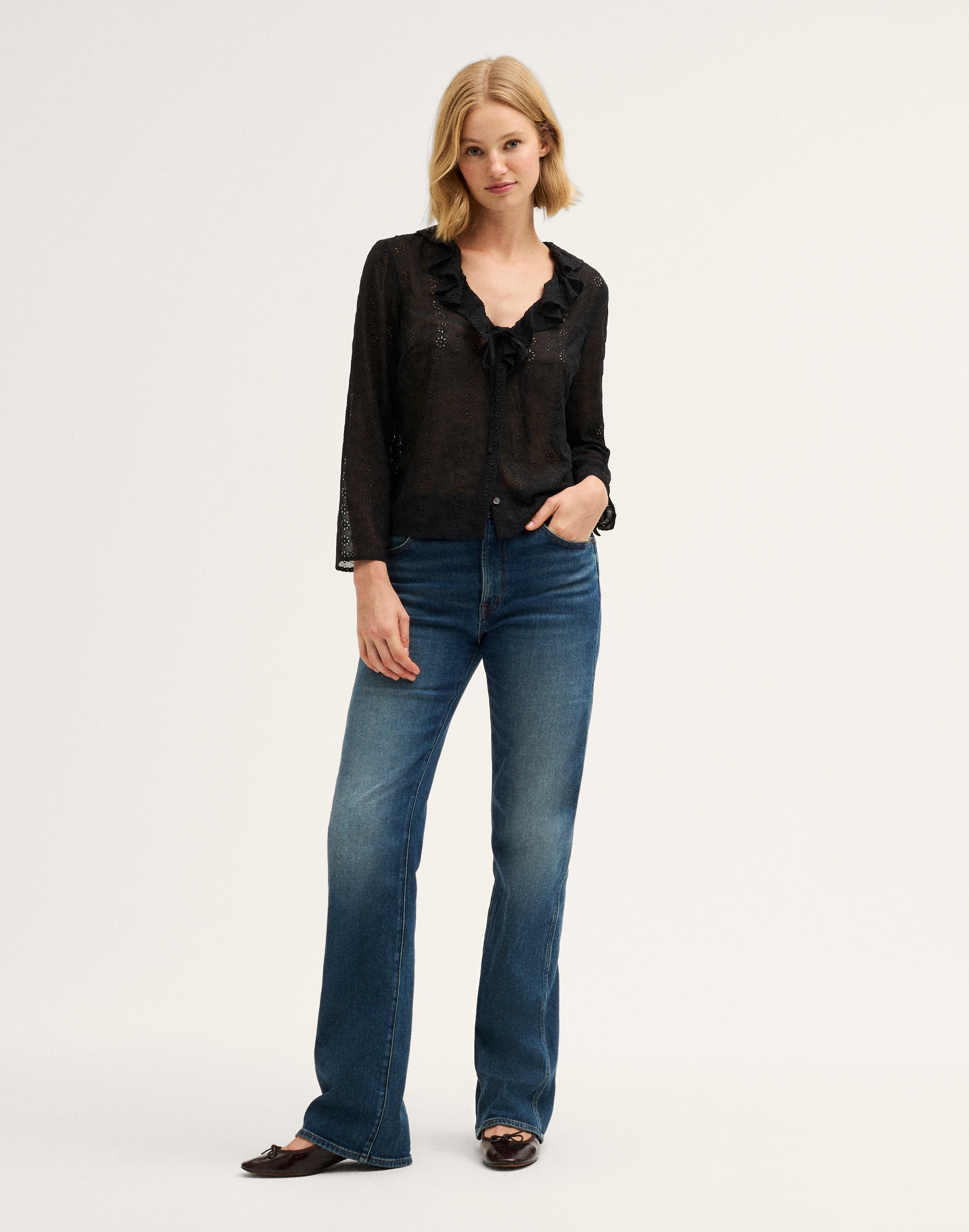 Ruffled V-Neck Long-Sleeve Top